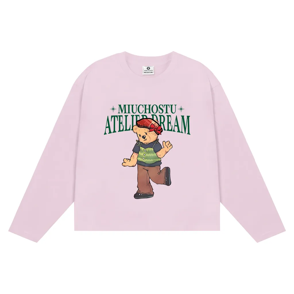 Áo thun boxy unisex Miucho tay dài cổ tròn vải cotton thoáng mát dày dặn hình gấu bông in mix 2658