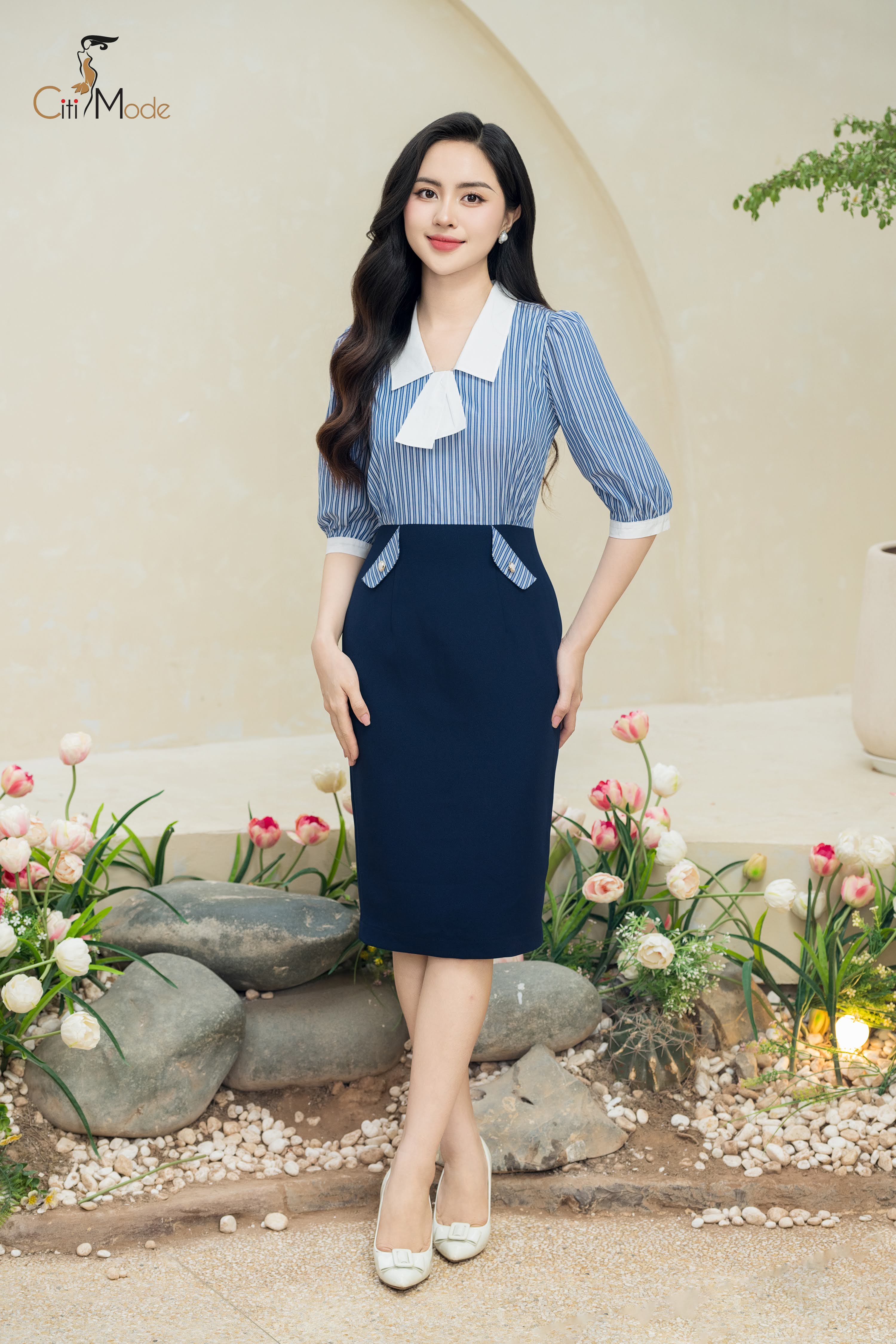 Đầm ôm kẻ xanh phối chân váy xanh_thumbnail_2