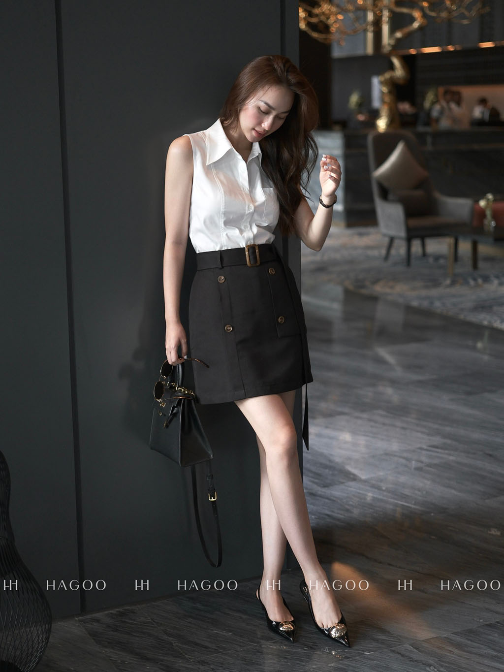 Chân váy kaki ngắn thắt đai hai hàng cúc HAGOO_thumbnail_2