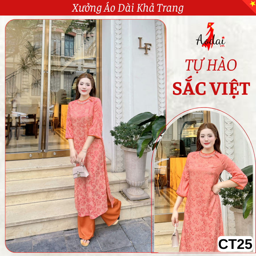 CT25 Áo Dài Cách Tân Gấm Dáng Suông màu Cam Cổ Tròn Tay Lỡ Hoa Sen Đá