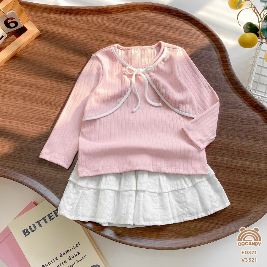 Áo dài HỒNG phối viền TRẮNG thắt nơ