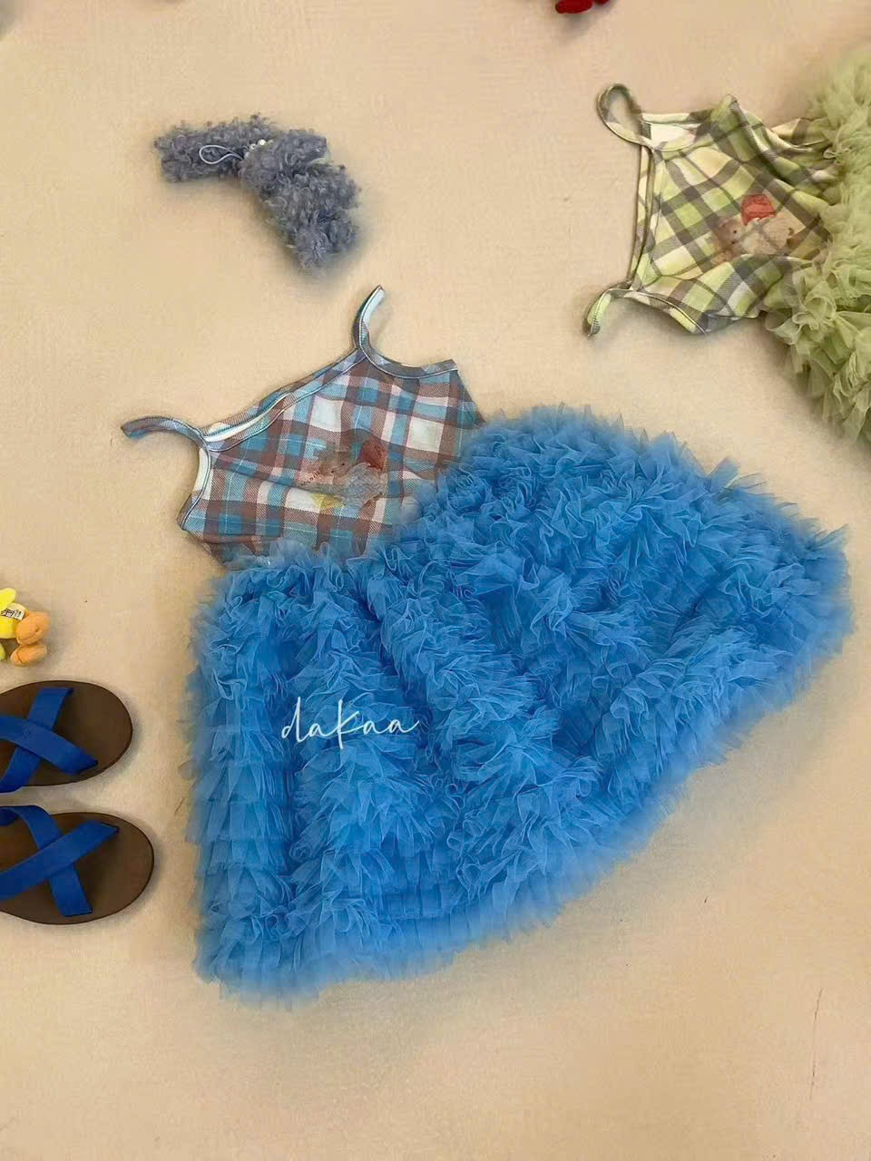 HY24 - Váy 2 dây cotton kẻ viền voan tầng xanh dương/ xanh lá hãng HuaYou
