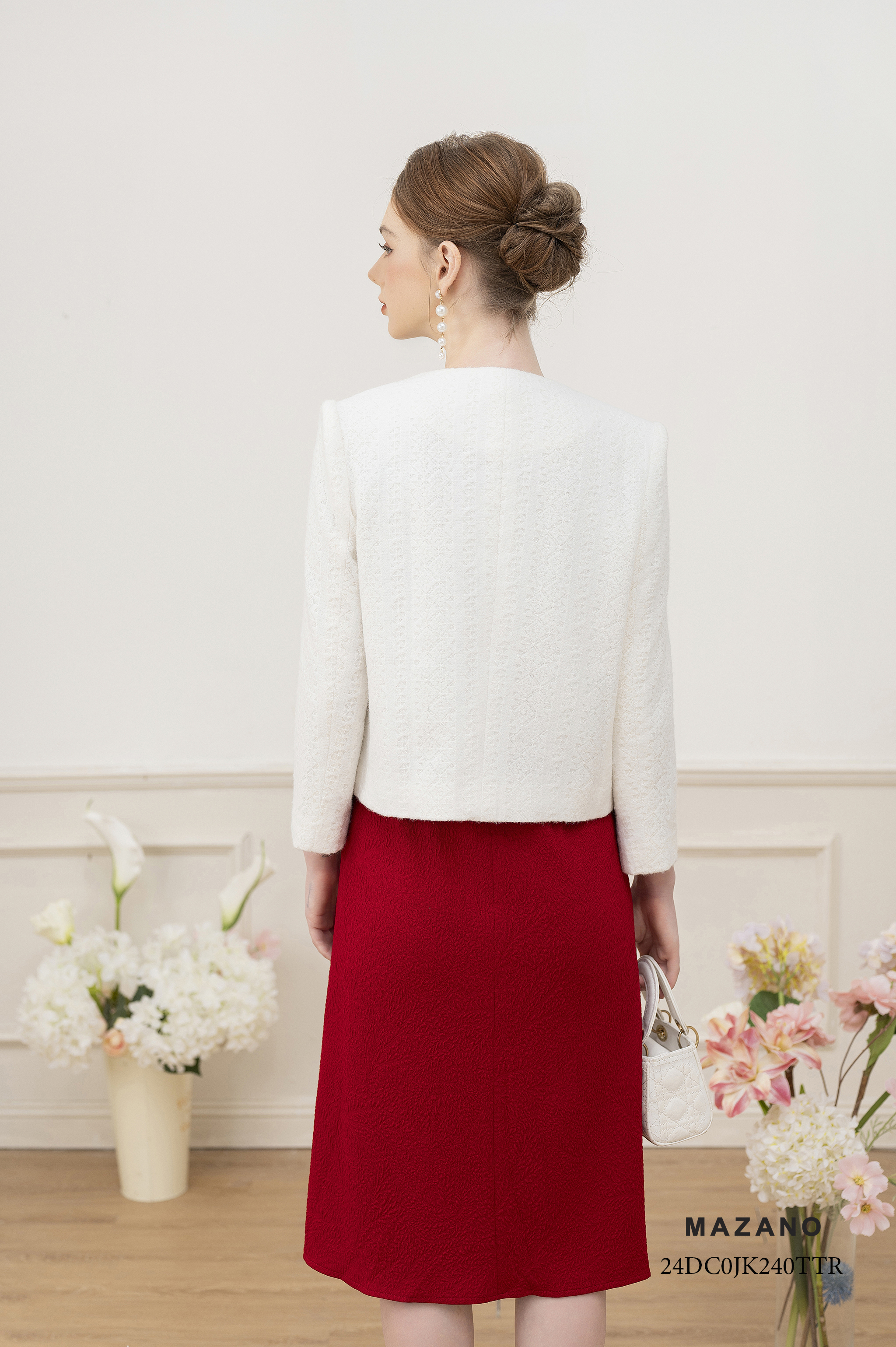 Áo khoác ngắn Suông Vải dạ len dày Họa tiết hoa văn kẻ Đính trang trí Dài dưới eo_thumbnail_4