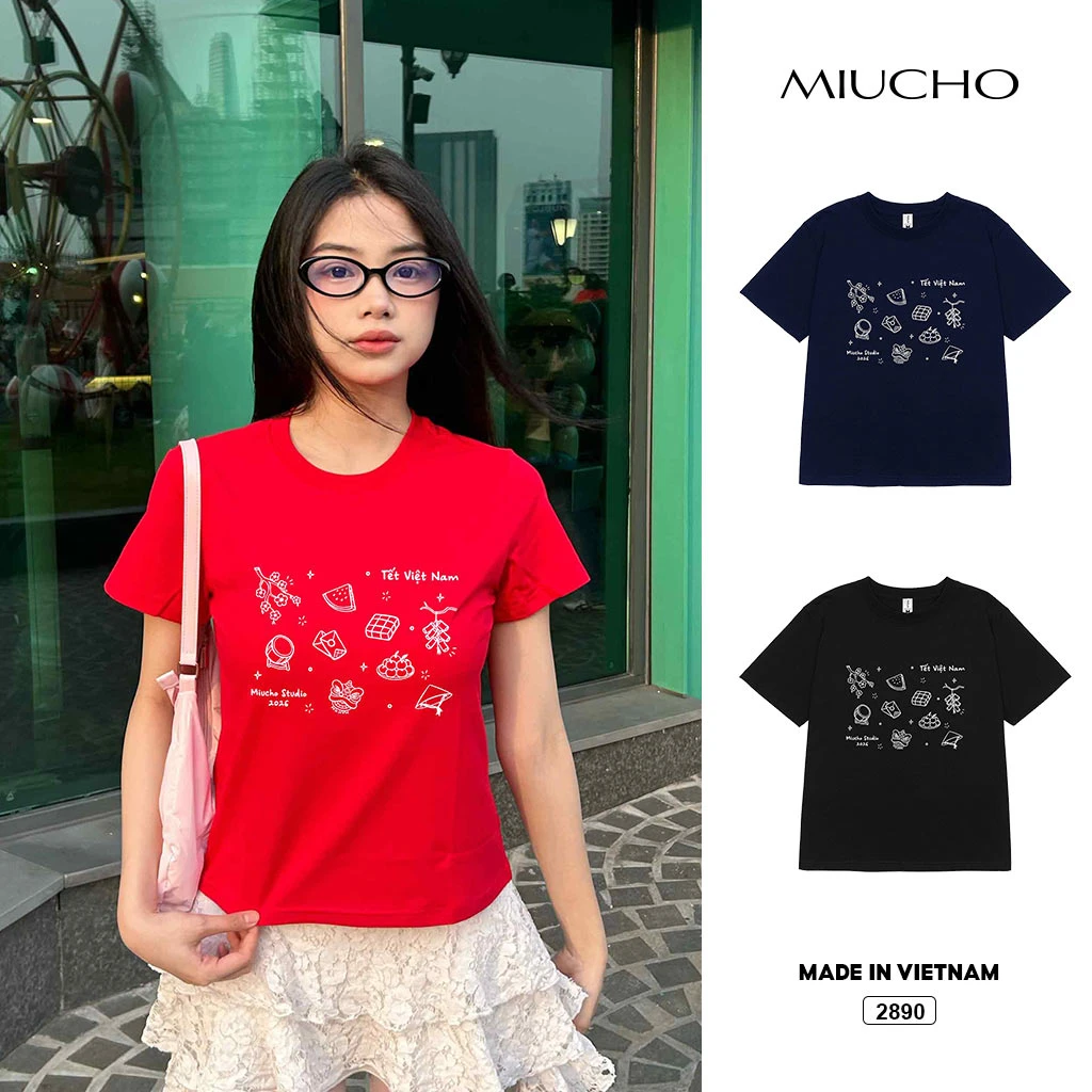 Áo baby tee nữ form vừa Miucho vải cotton co giãn 2 chiều thoáng mát Tết 2026 in mix 2890