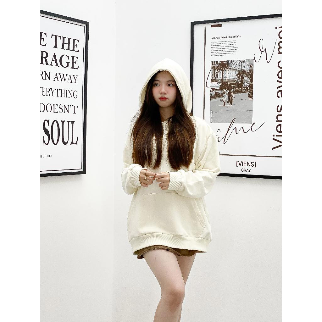 Áo hoodie trơn nữ form rộng HDT01 Miucho chân cua dày dặn in basic_thumbnail_4