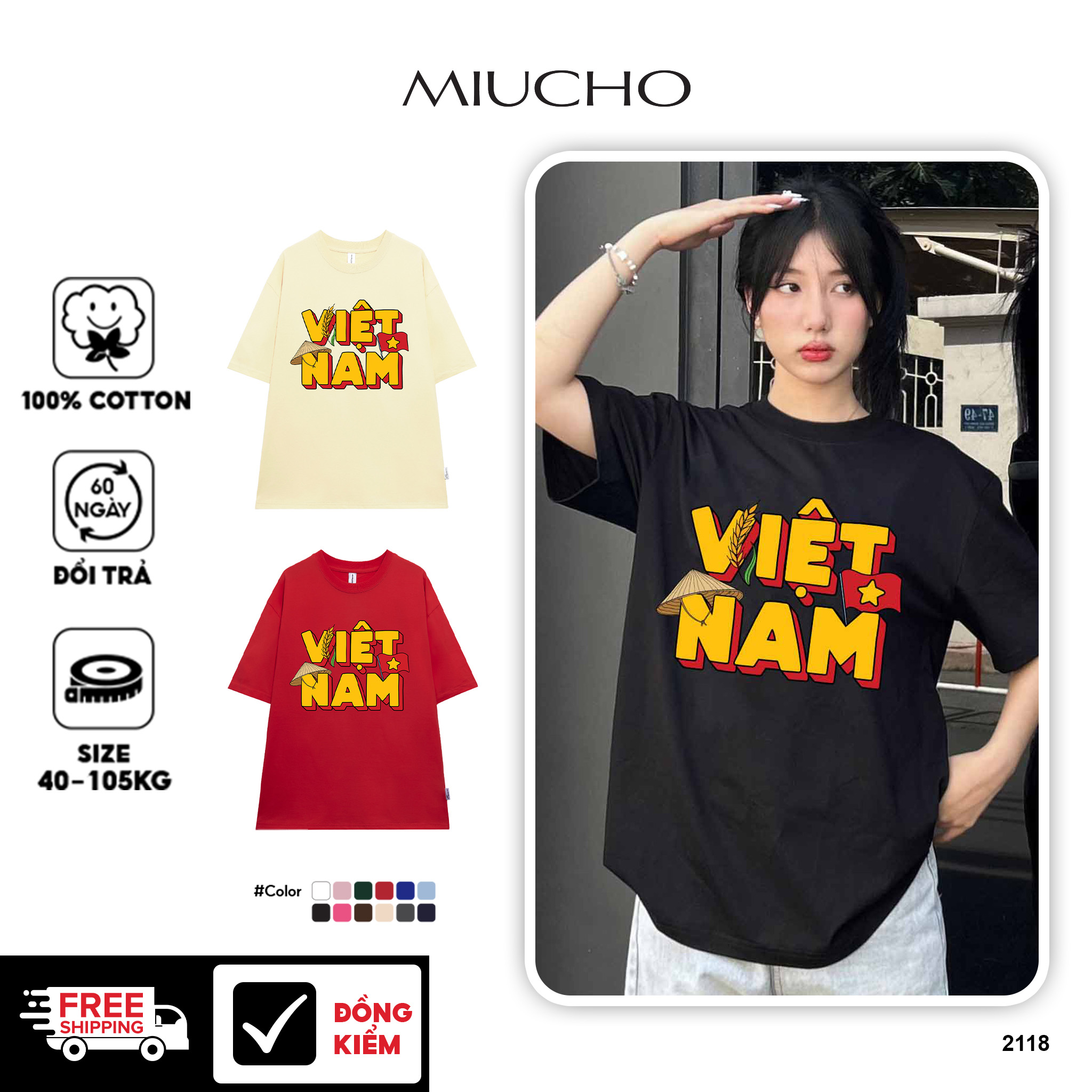 Áo thun Việt Nam tôi yêu form rộng 2118 Miucho cổ tròn vải cotton 4c 220gsm thoáng mát in mix