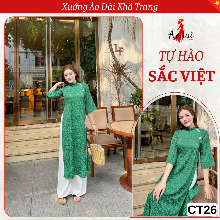CT26 Áo Dài Gấm Dáng Suông Hoa Tuyết Mai Cổ Cao 2cm tay Lỡ