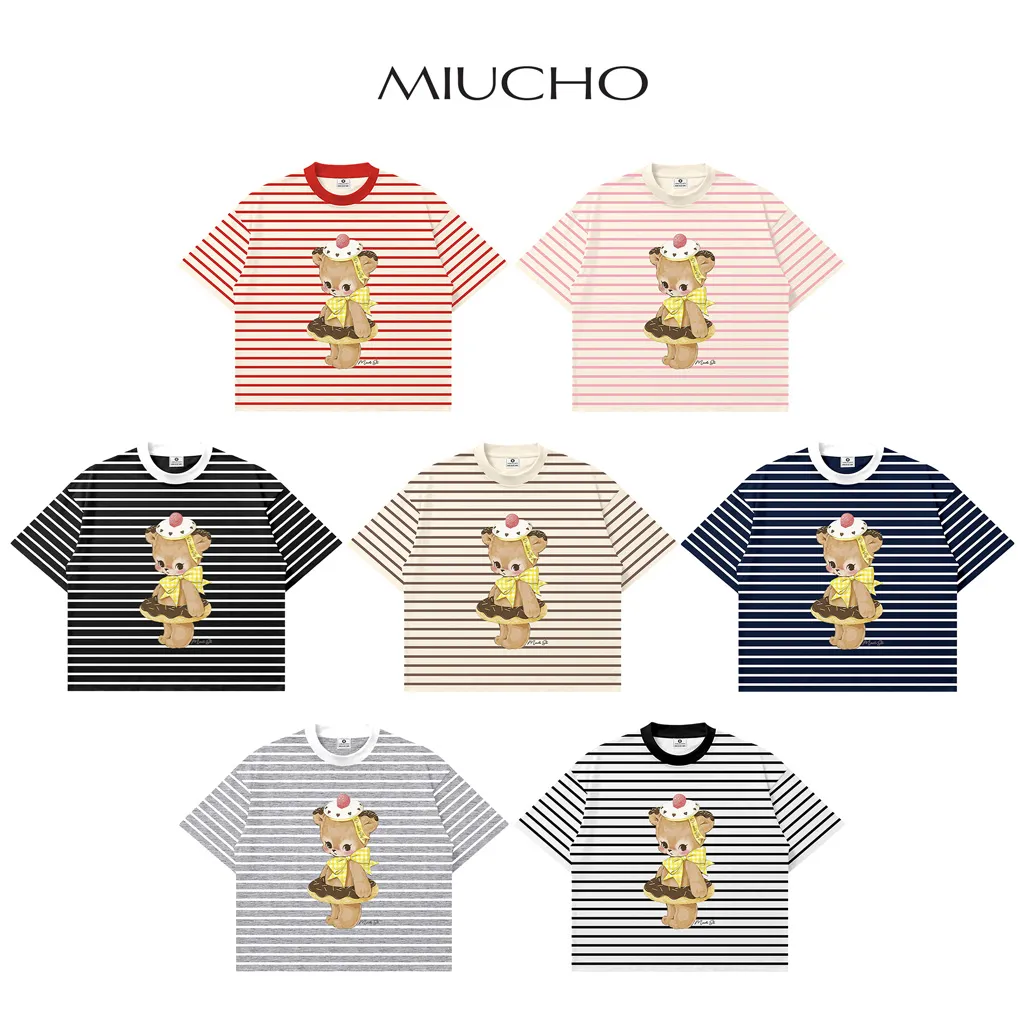 Áo thun boxy nữ Miucho vải borip mềm mại thoáng mát gấu dễ thương sọc mix màu in artwork 2731