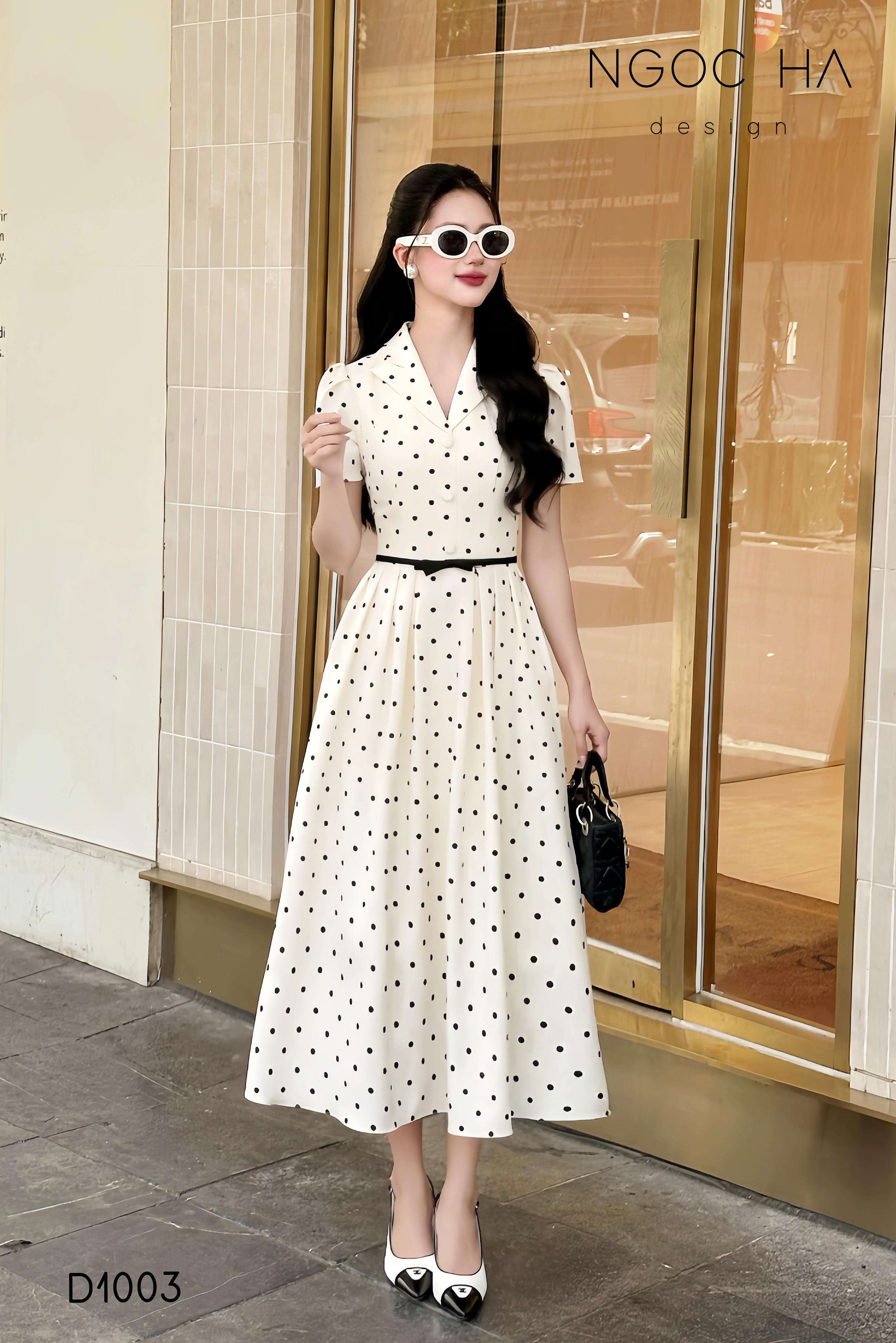 Lamia Dress_ Đầm Chấm Bi Cổ Vest Màu Kem D1003