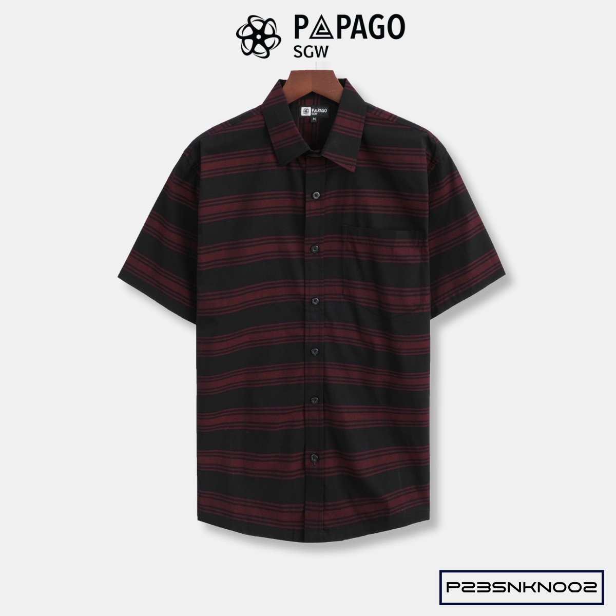 Áo sơ mi nam trung niên PAPAGO tay ngắn lai ngang vải cotton đen kẻ sọc - P23SNKN002