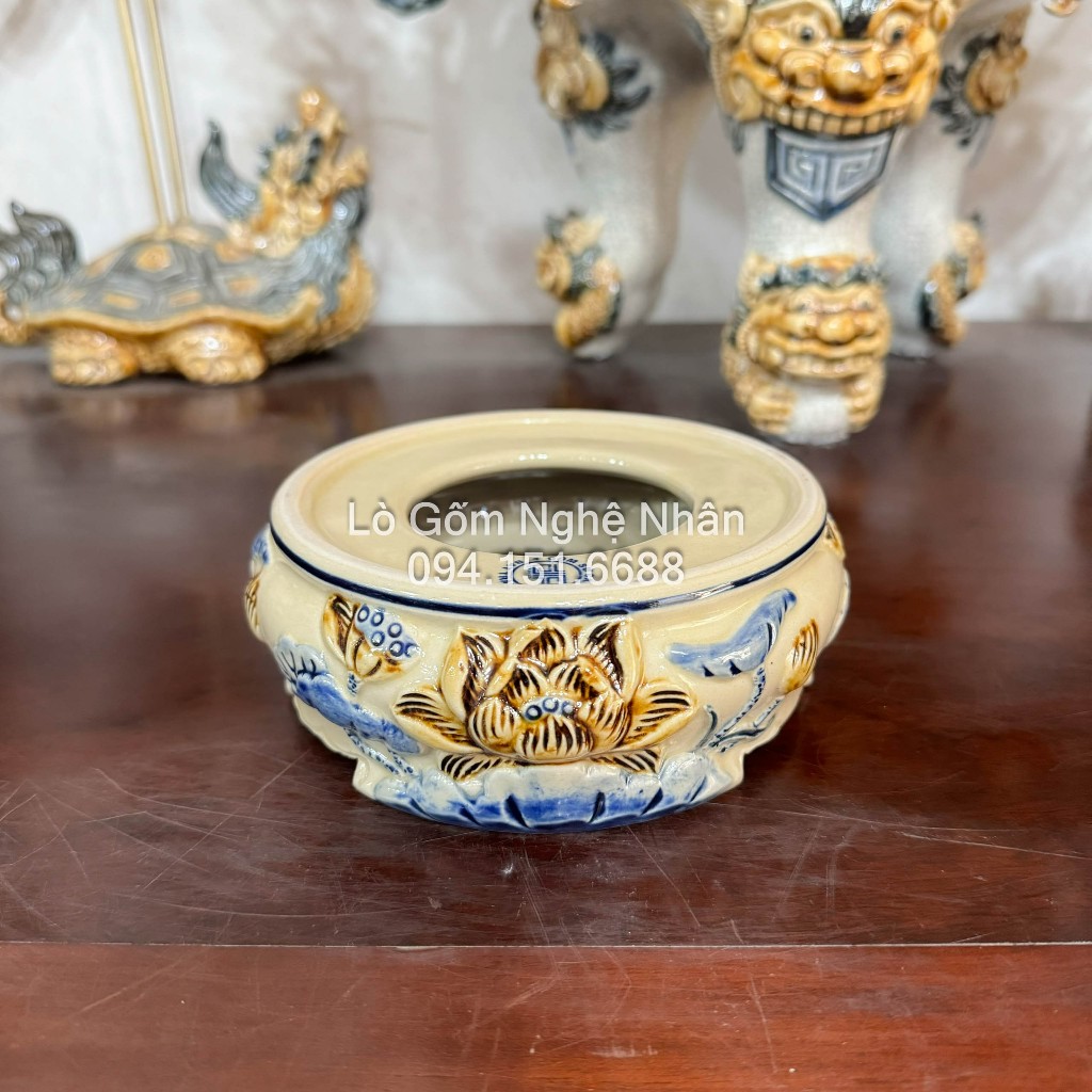 Đồ Thờ Cúng Bát Hương Hoàng Thổ - Lư Hương Đắp Nổi Hoạ tiết Sen - Rồng - Nghệ Nhân Bát Tràng Cao Cấp_thumbnail_3