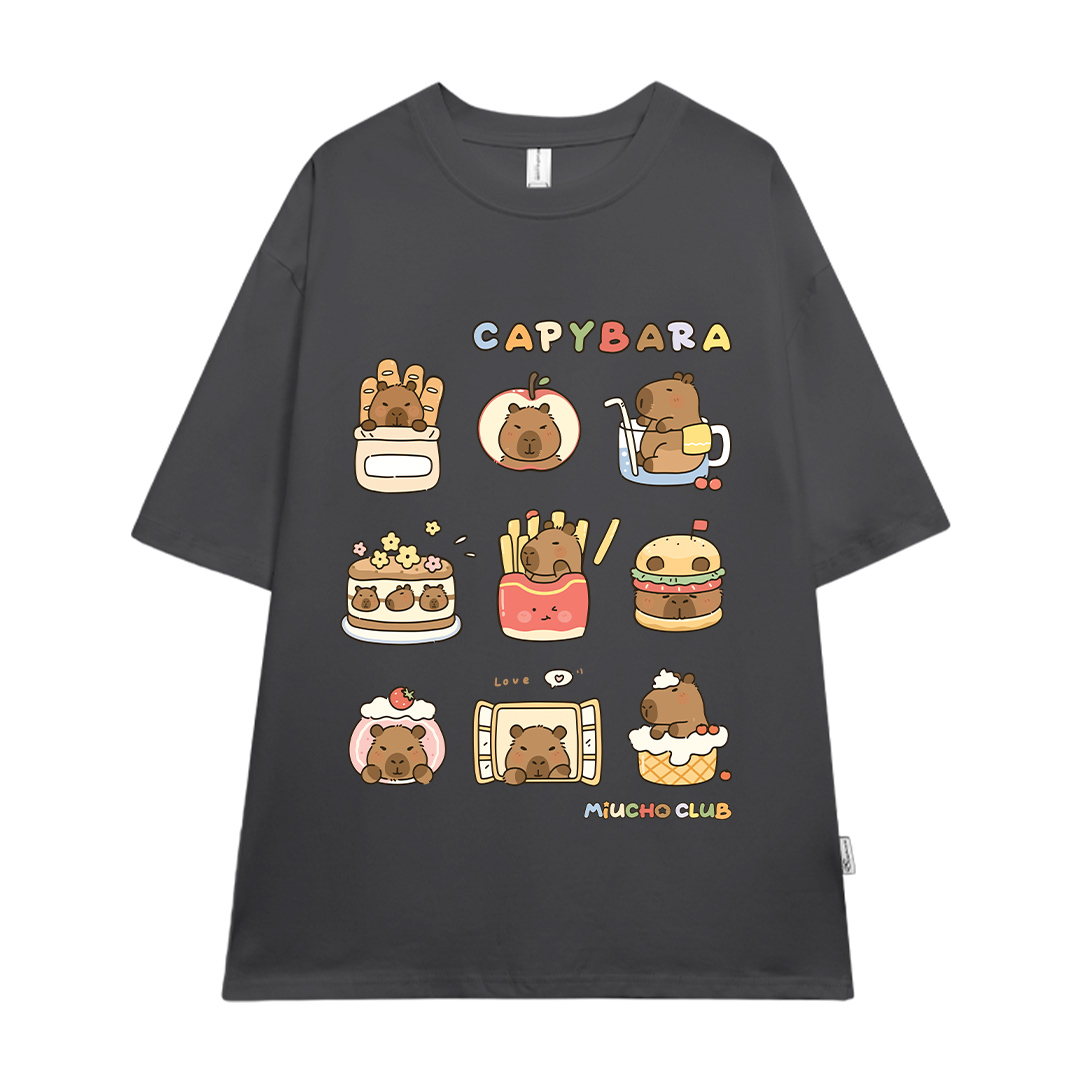 Áo thun chuột Capybara form rộng local brand ATD1224 Miucho tay ngắn vải cotton thoáng mát cổ tòn in mix_thumbnail_15