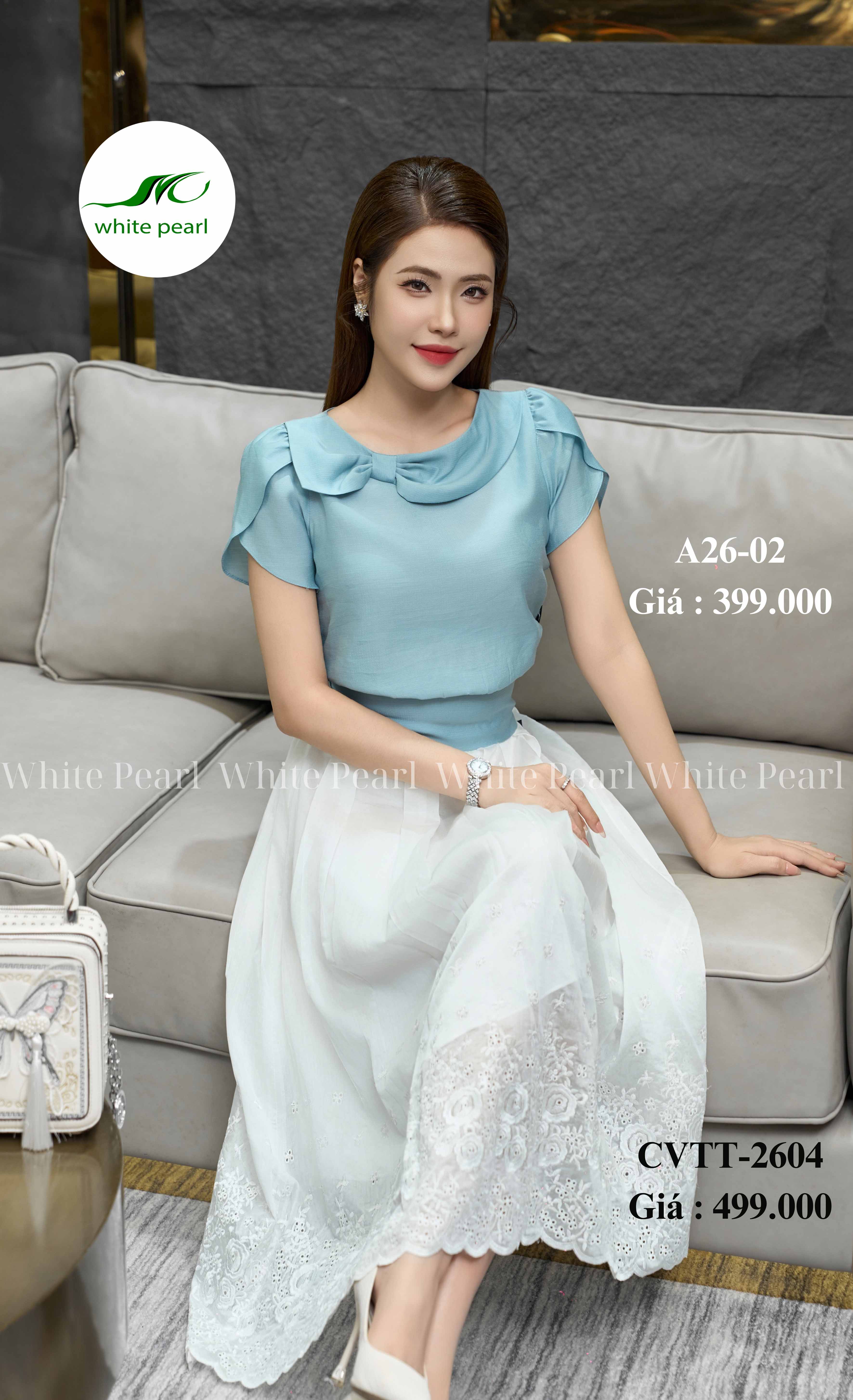Áo sơ mi bo chun thắt nơ thời trang công sở cao cấp White Pearl
