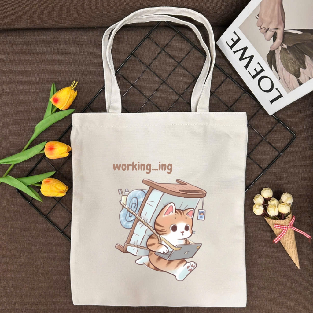 Túi tote vải canvas in hình mèo cute có khoá kéo và ngăn phụ, đi học, đi chơi - TOTE16_thumbnail_3