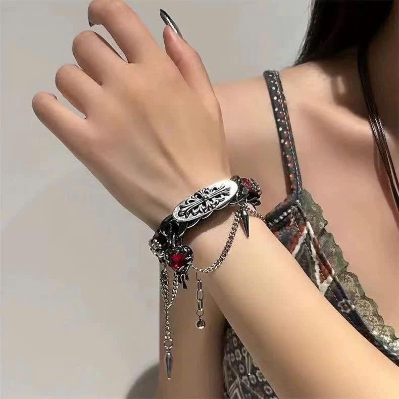 Vòng tay xích lớn luồn dây da đỏ chrome heart_thumbnail_2