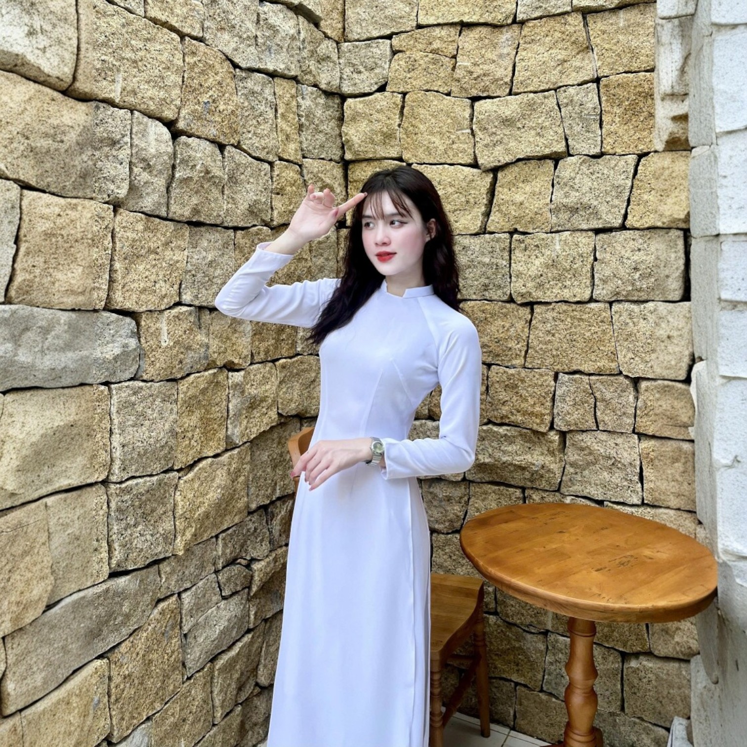 Áo Dài Học Sinh Trắng Cấp 3 Cổ Khoét U 2 Tà Lụa Mỹ Truyền Thống HS84_thumbnail_5