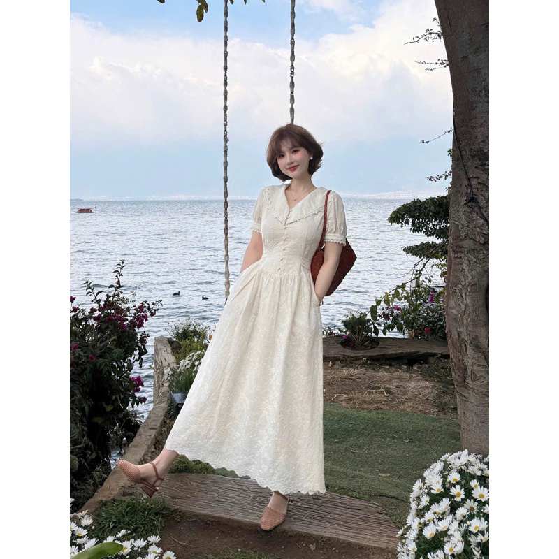 Váy trắng thêu hoa tay bồng dáng dài, đầm trắng dáng dài thêu hoa nổi nữ tính Logastore_206_thumbnail_1