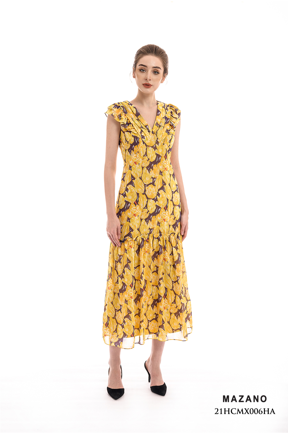 Đầm Maxi vải voan màu vàng in hoạ tiết hiện đại_thumbnail_0