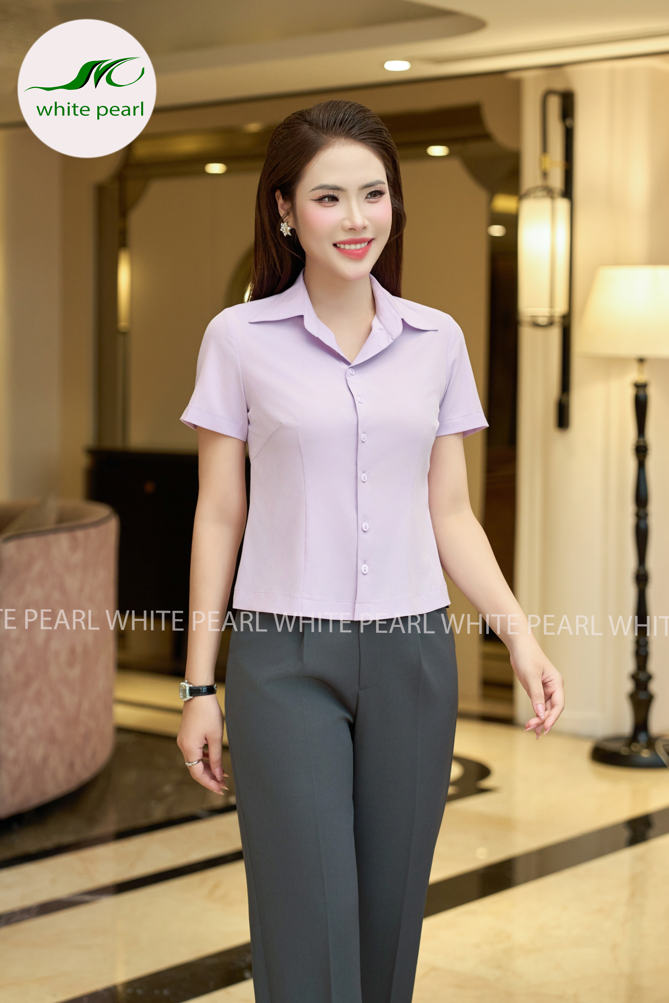 Áo sơ mi cổ đức kết hợp quần baggy thụng 1 ly  thời trang công sở nữ cao cấp White Pearl_thumbnail_1