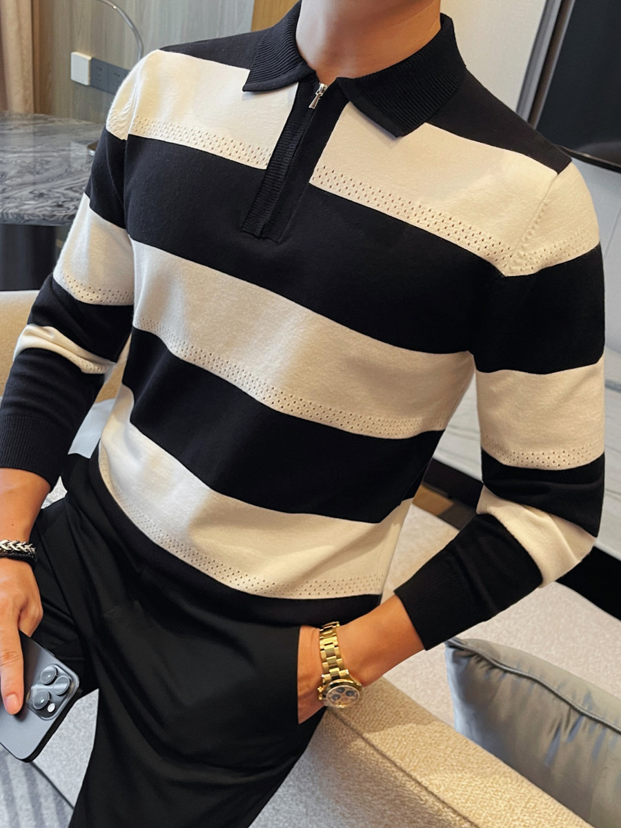 PA09 – Áo len nam dệt kim kẻ sọc cổ trụ, dáng ôm business casual mùa đông 2025