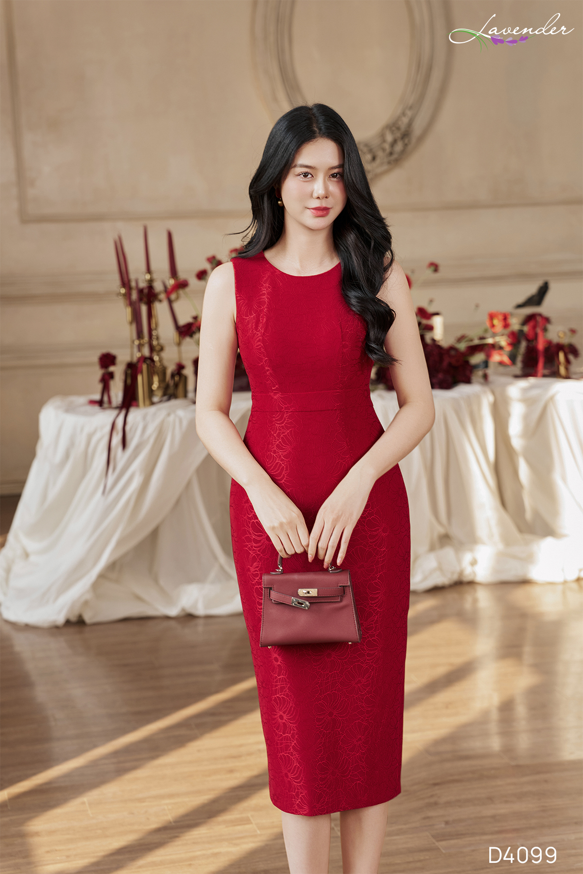 Đầm ren ép đỏ cổ tròn họa tiết hoa  D4099