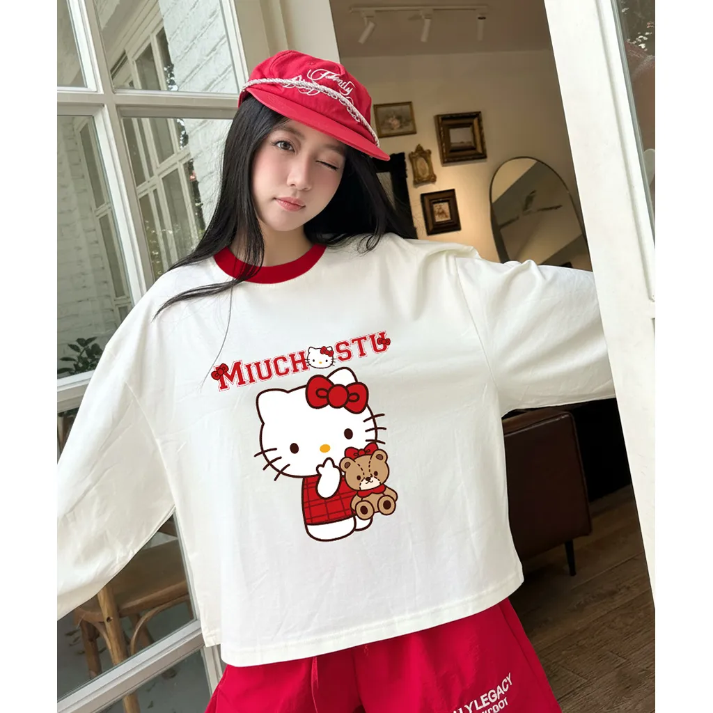 Áo thun boxy tay dài Miucho chất vải thoáng mát mềm mại phối cổ mix màu Kitty đỏ 2806_thumbnail_6