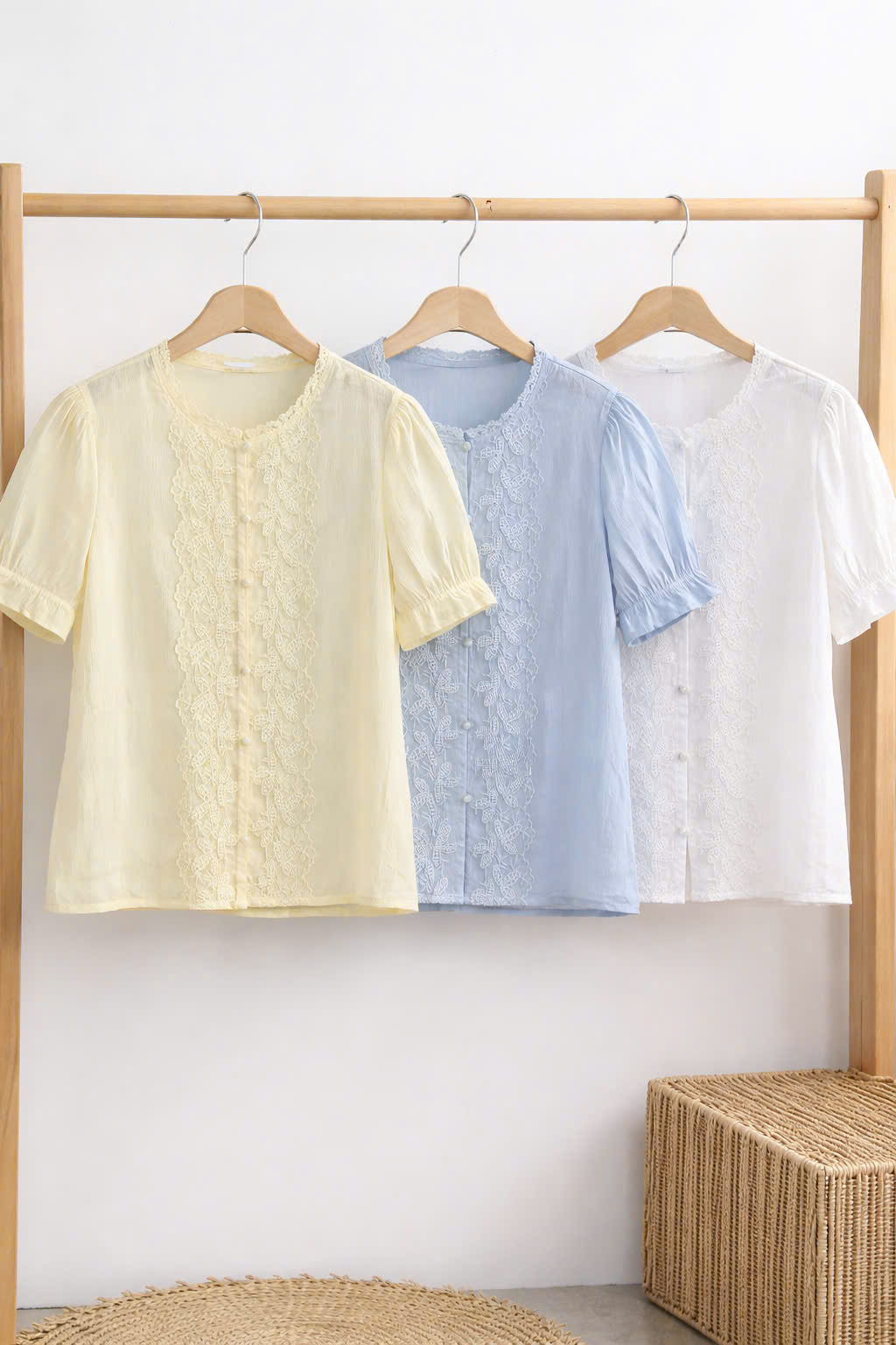 E228 ÁO ĐIỆU TAY NHÚN PHỐI REN HOA 3 MÀU