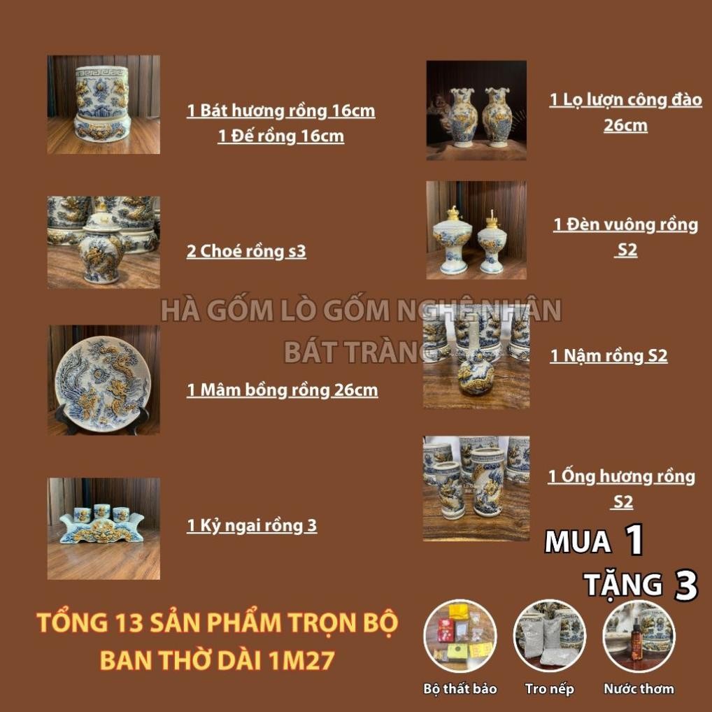 HG066 Đồ Thờ Cúng Bộ 13 món ban thờ 1M27 men rạn nổi nghệ nhân Bát Tràng chế tác TẶNG Thất Bảo, Tro Nếp_thumbnail_1