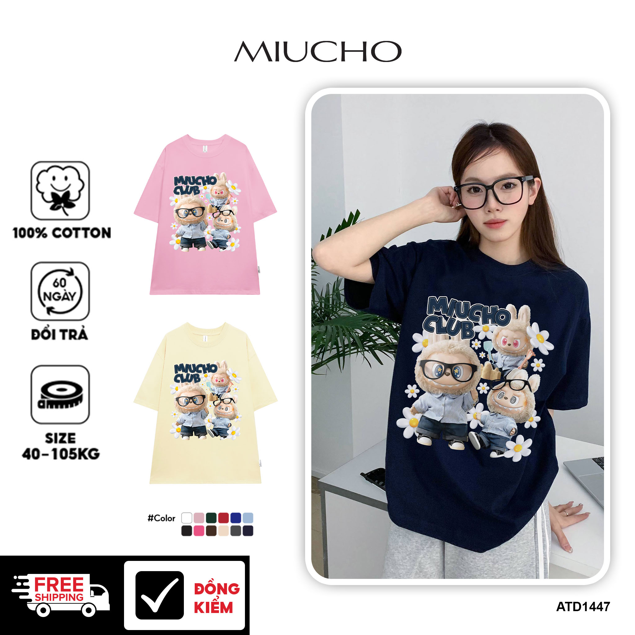 Áo phông labubu form rộng unisex ATD1447 Miucho vải cotton cổ tròn in mix