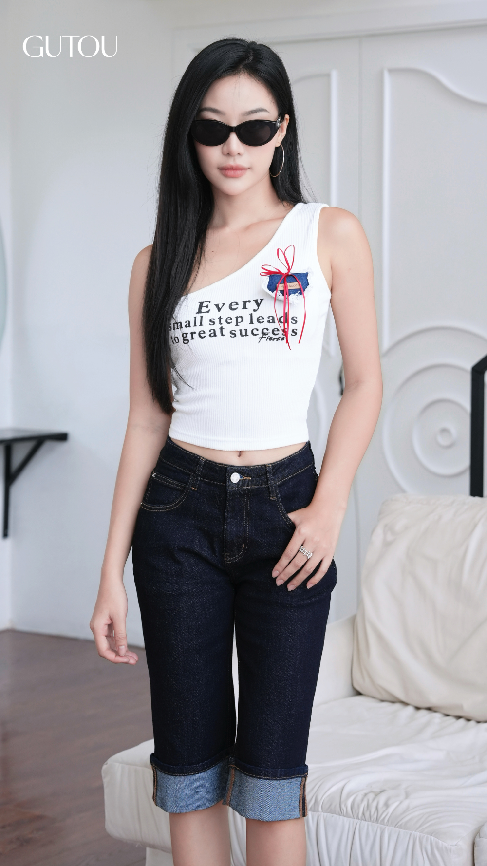 [GUTOU] Quần Jean Lửng Ôm Lai Lật Wash Đậm