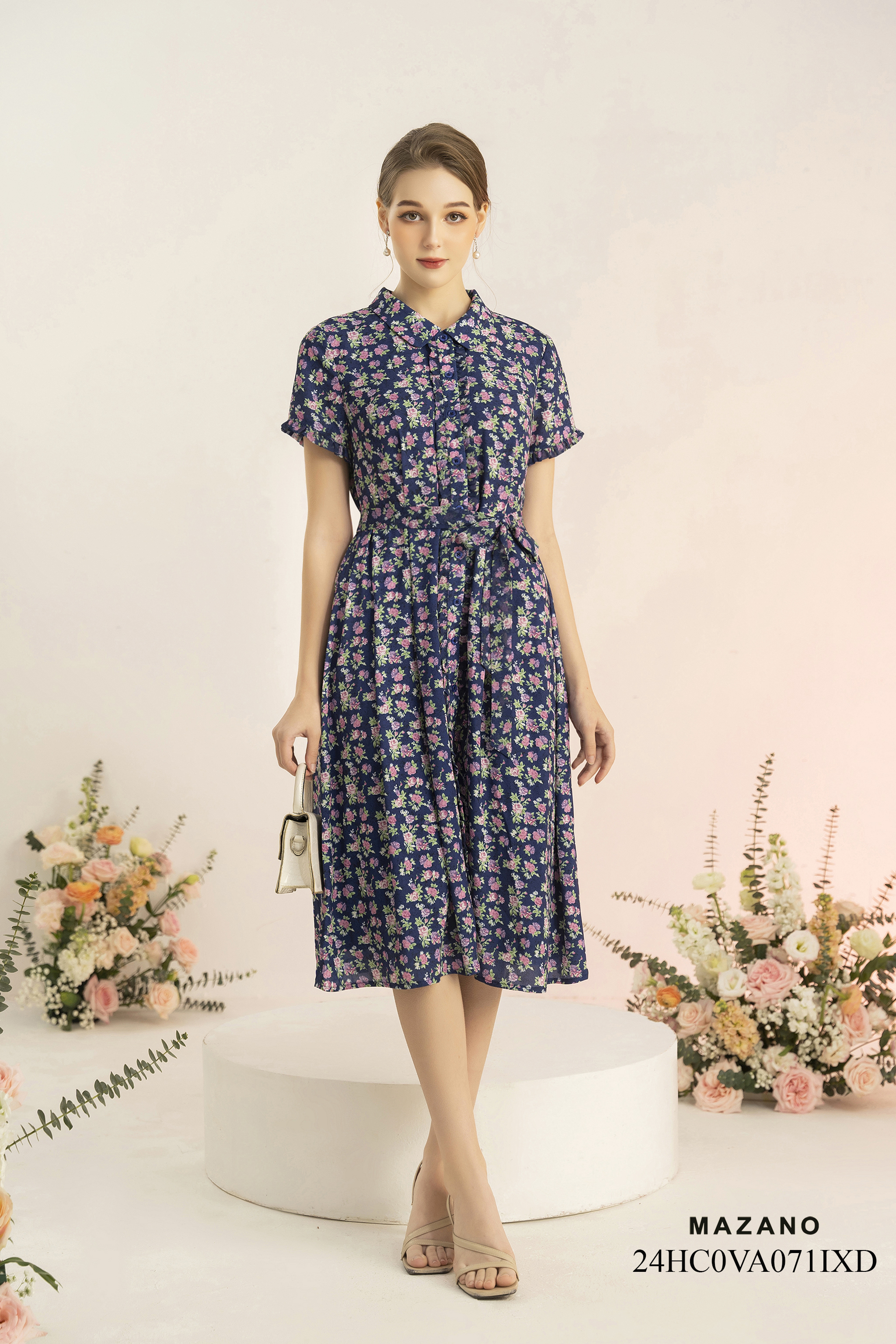 Đầm sơ mi xanh than phối bèo thắt đai eo_thumbnail_1