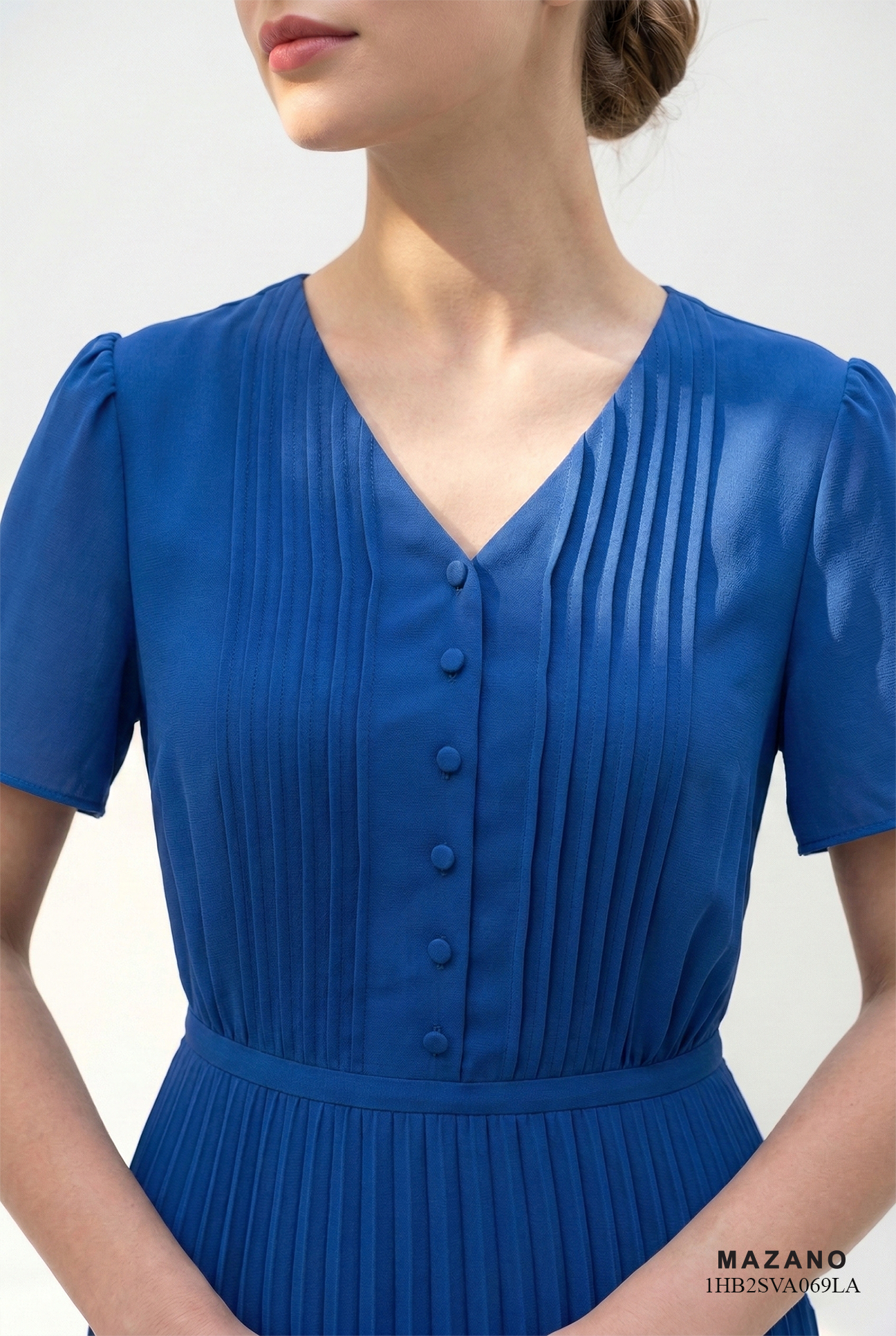 Đầm voan chiffon xanh dáng ôm chân dập ly cổ V tay ngắn thiết kế MAZANO_thumbnail_4