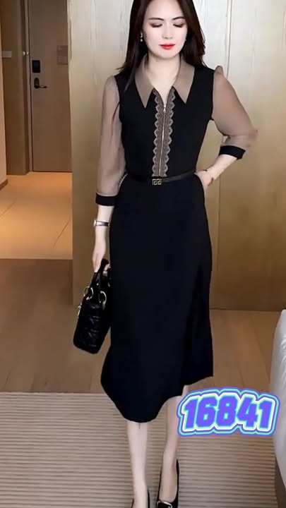 16841-Đầm suông A đen phối tay voan lở  cổ bẻ viền ren (lụa mango, voan) kèm nịt vải_thumbnail_0