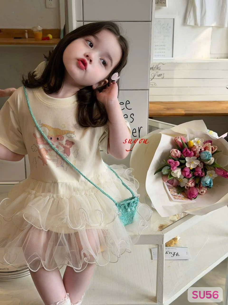 SU56 - Váy thun phối chân voan xòe in hình màu kem hãng Suyou