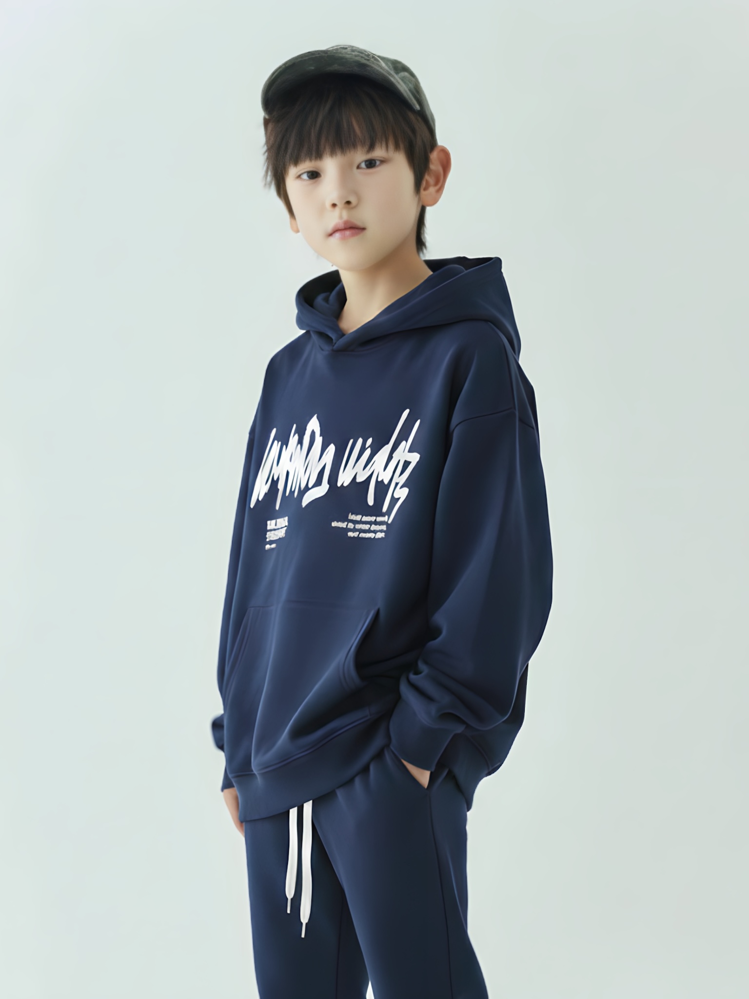 Áo nỉ hoodie navy in chữ ngực
