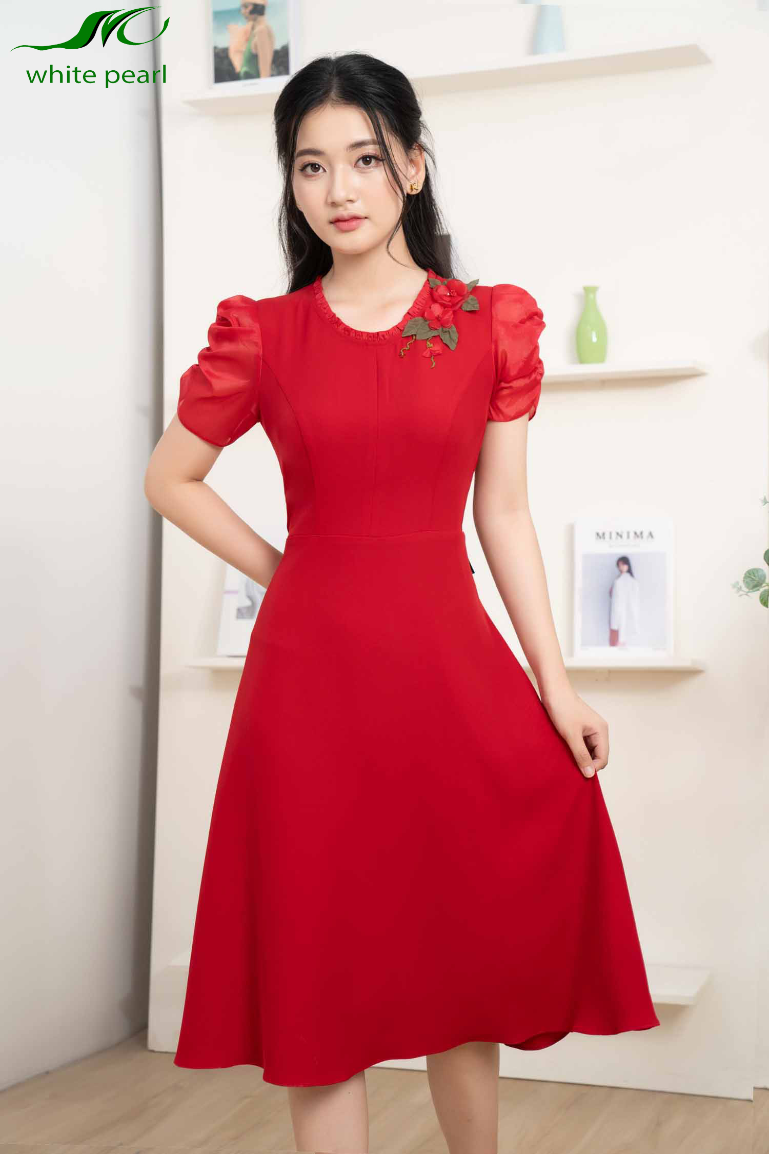 Mẫu đầm cổ bèo thêu hoa thời trang công sở nữ cao cấp White Pearl D2331_thumbnail_4