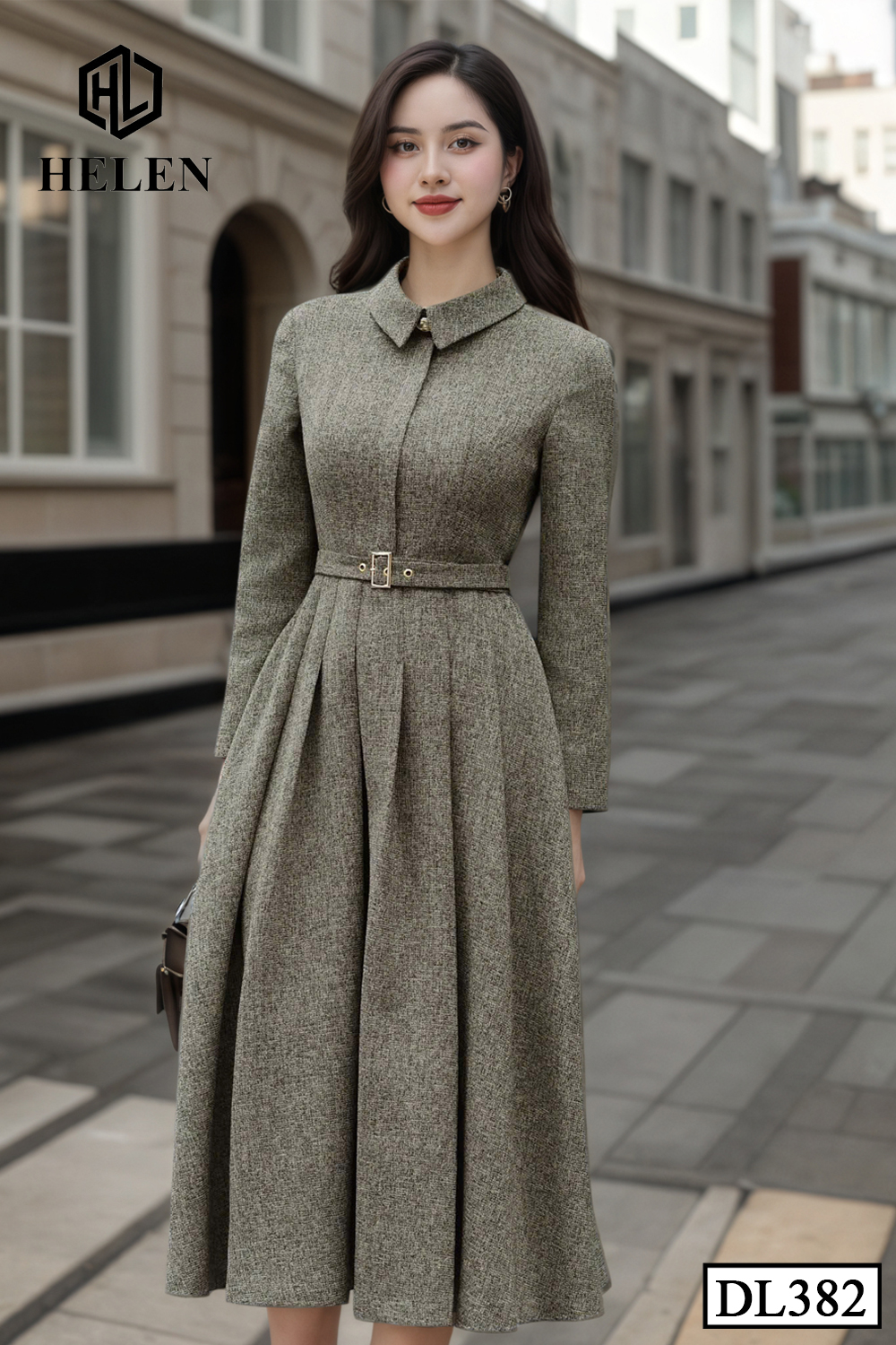 Đầm dạ xòe màu nâu rêu cổ đức + kèm đai DL382_thumbnail_2
