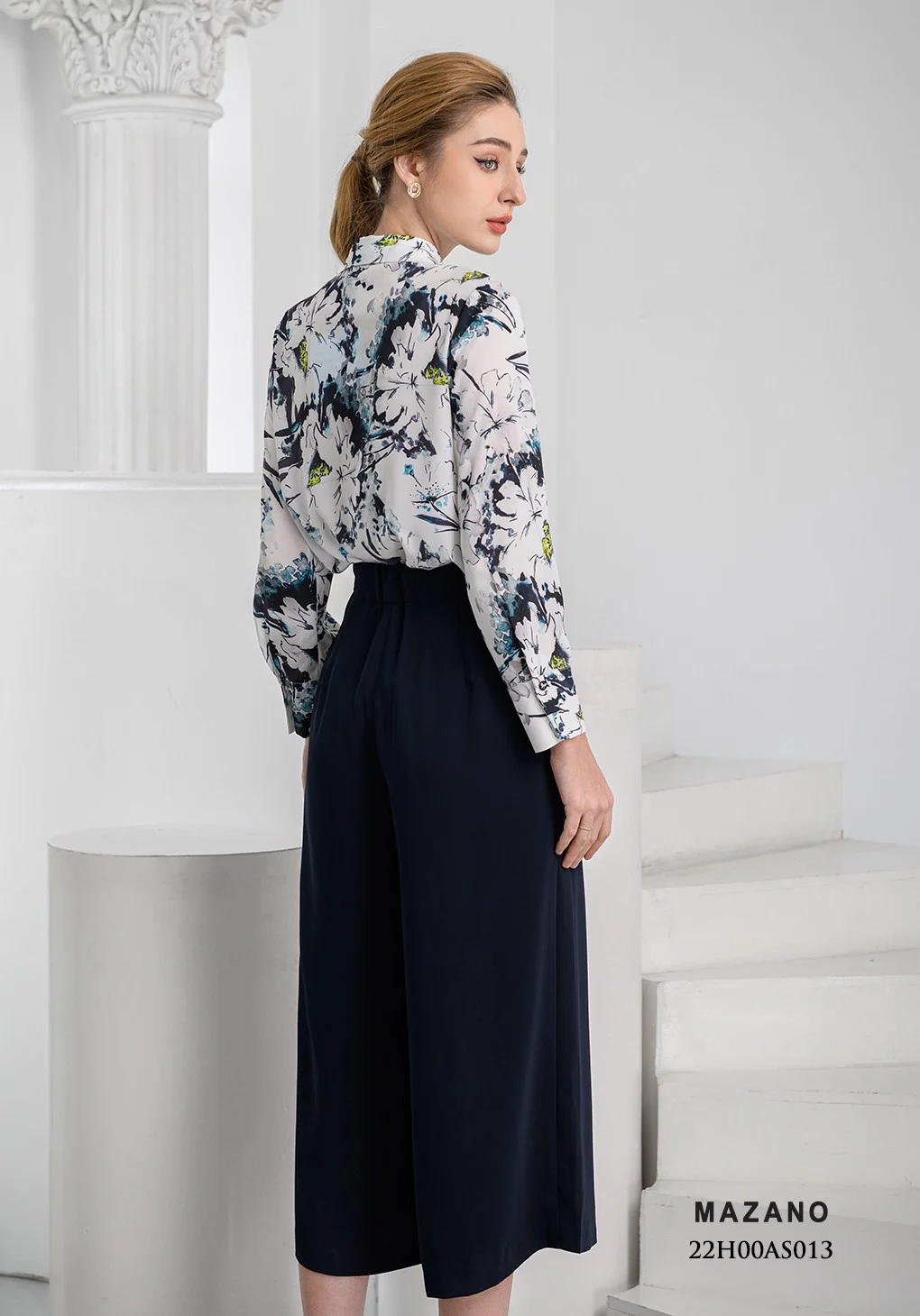 Áo sơ mi Suông Vải chiffon dày Họa tiết in hoa phối ren Cổ sơ mi Tay dài Dài dưới eo_thumbnail_2