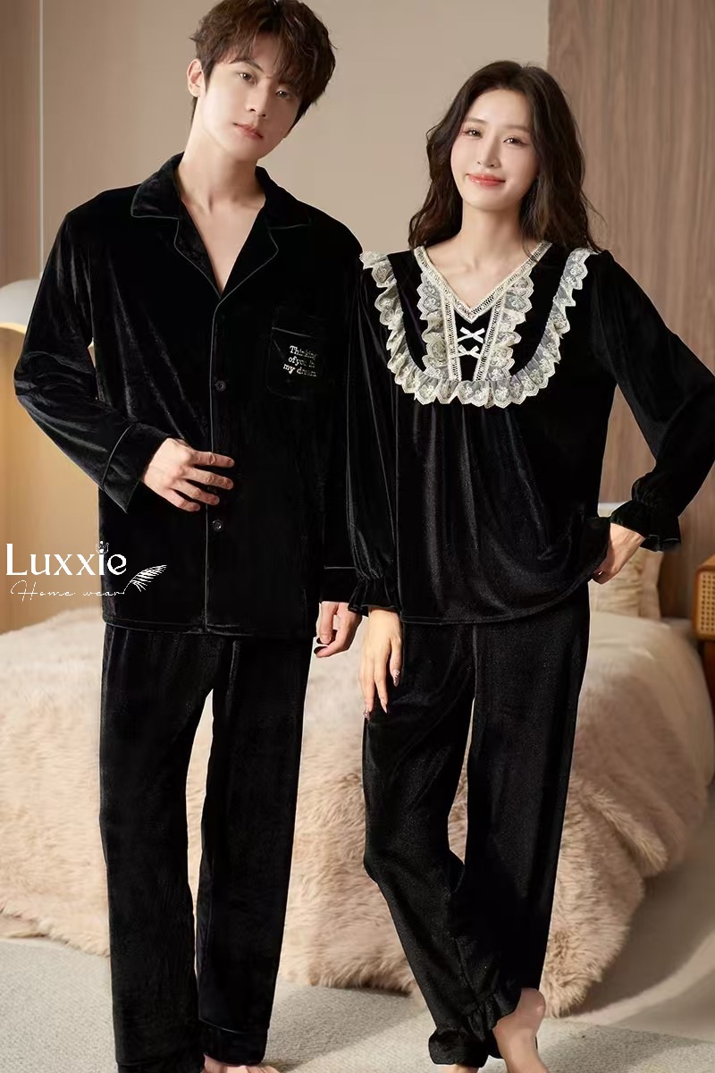 NHUNG34 Bộ ngủ nhung cổ ren trắng đính nơ