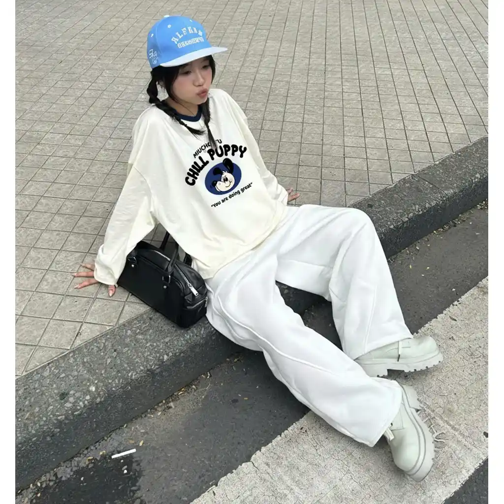 Áo thun tay dài form boxy Miucho vải thoáng mát phối cổ in mix tôn dáng Chill Puppy 2810_thumbnail_3