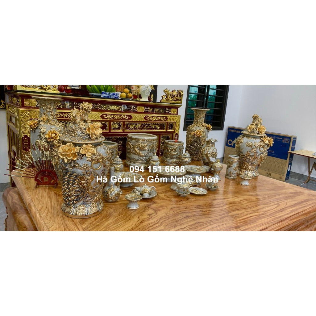 Bộ Đồ Thờ Men Rạn 1m4 -1m97 Vẽ Vàng 24K 9999 Nghệ Nhân Chế Tác Cao Cấp Bát Tràng_thumbnail_3