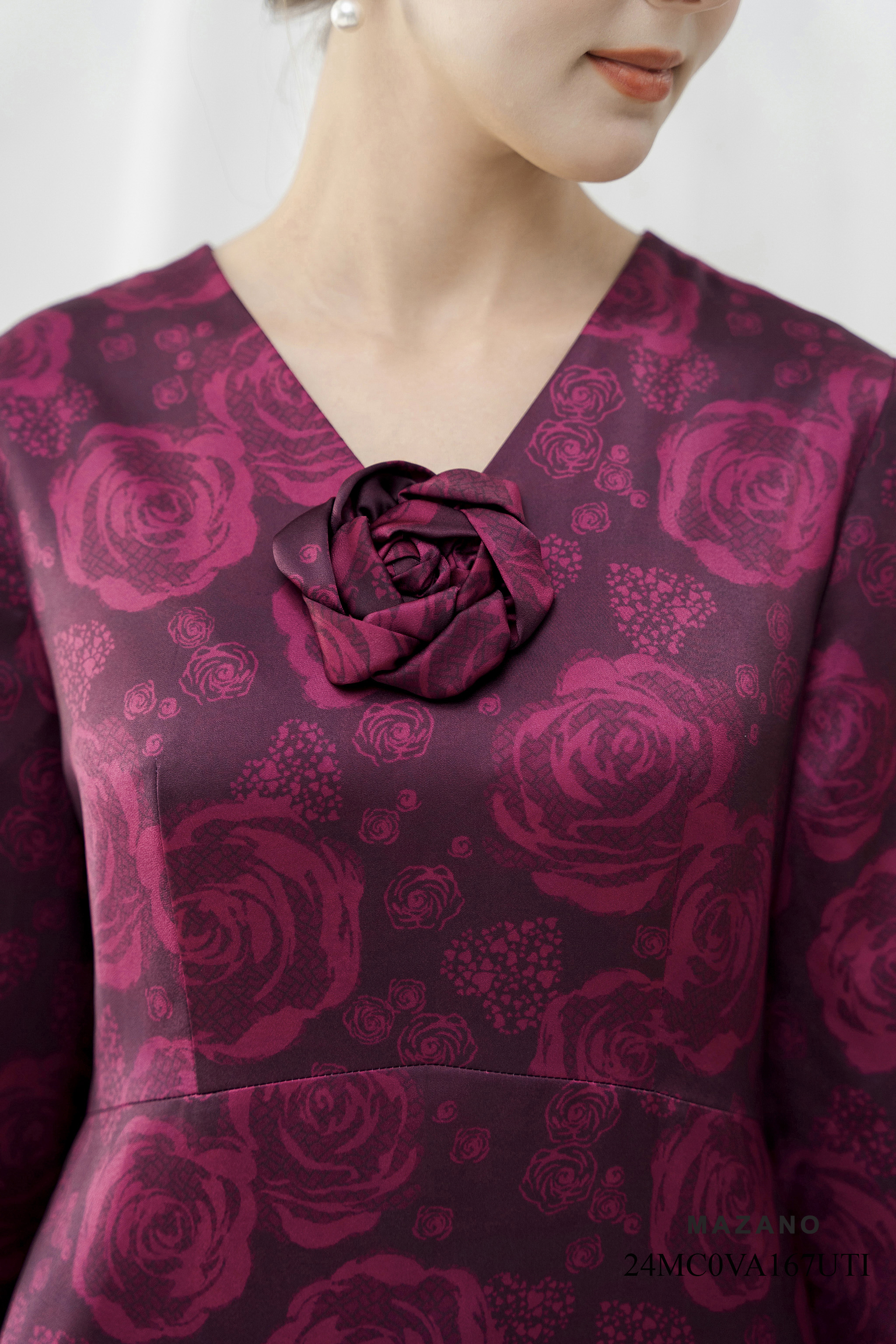 Váy Đầm Ôm Vải lụa dày Hoạ tiết hoa hồng cách điệu Đính hoa thủ công Cổ V Tay lỡ Dài qua bắp chân_thumbnail_3