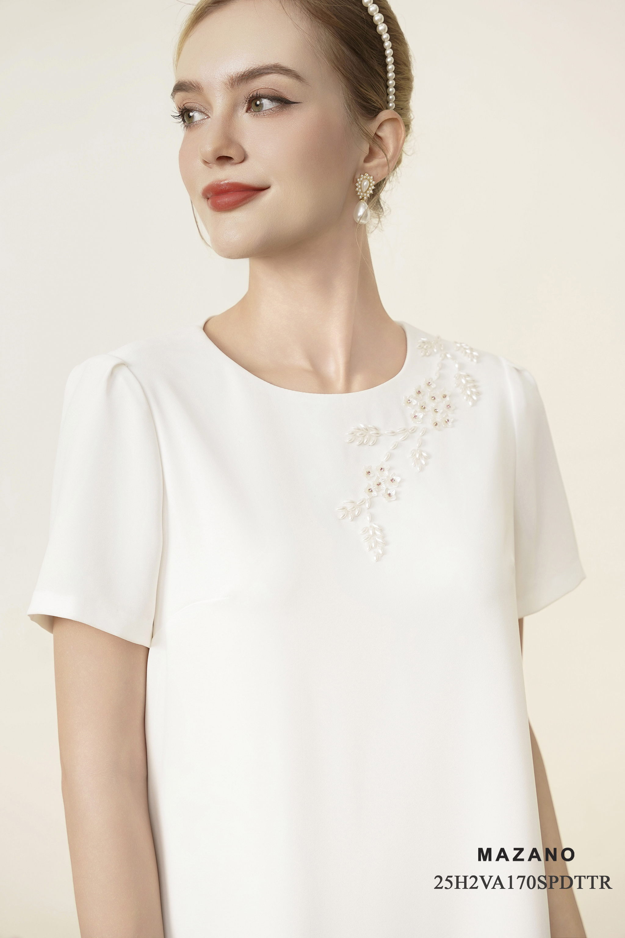 Váy Đầm suông Vải thô mỏng Đính trang trí thủ công Cổ tròn Tay ngắn Dài ngang bắp chân_thumbnail_2