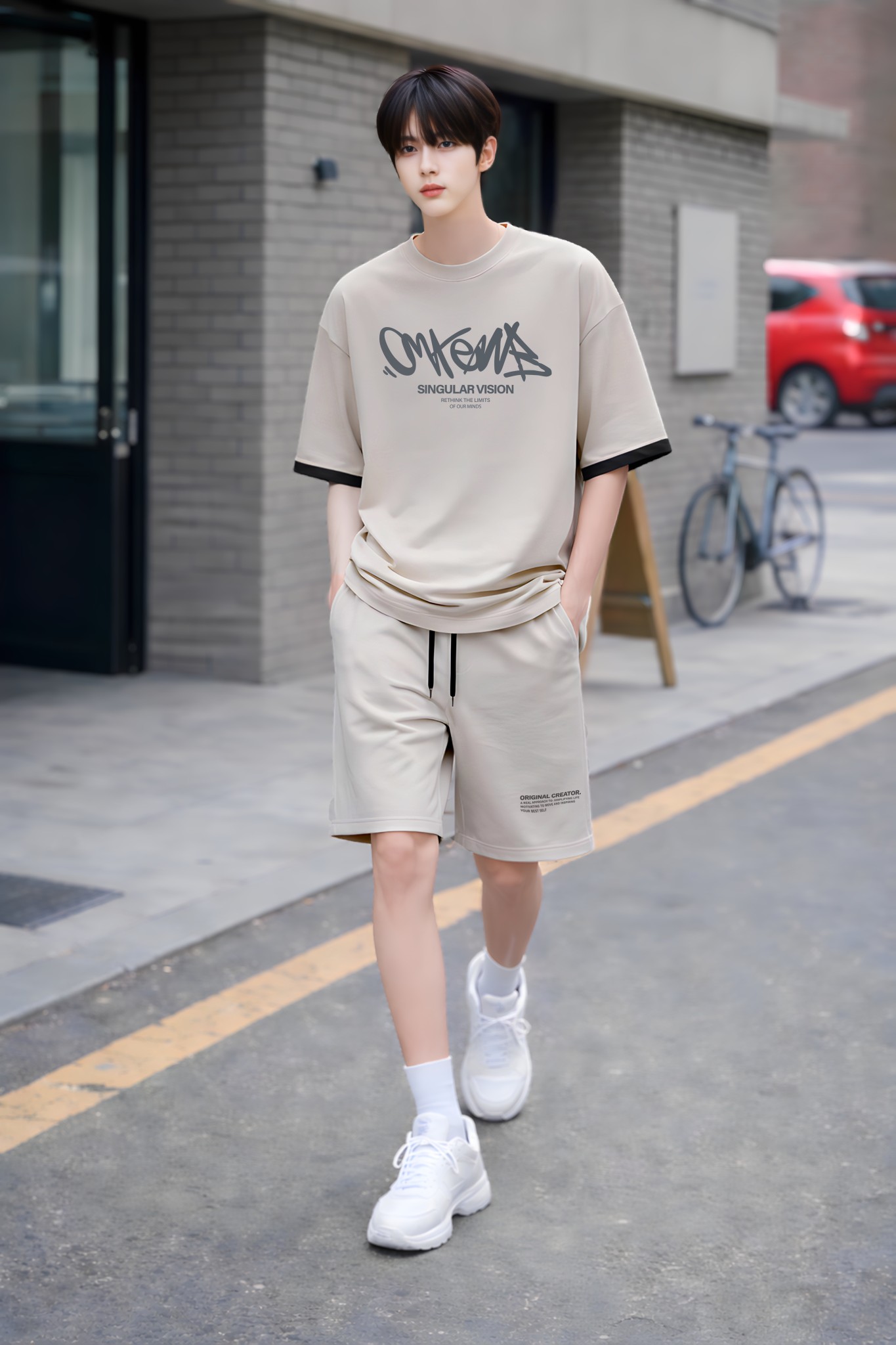 Áo phông bé trai dáng rộng màu be phối tay đen_thumbnail_2