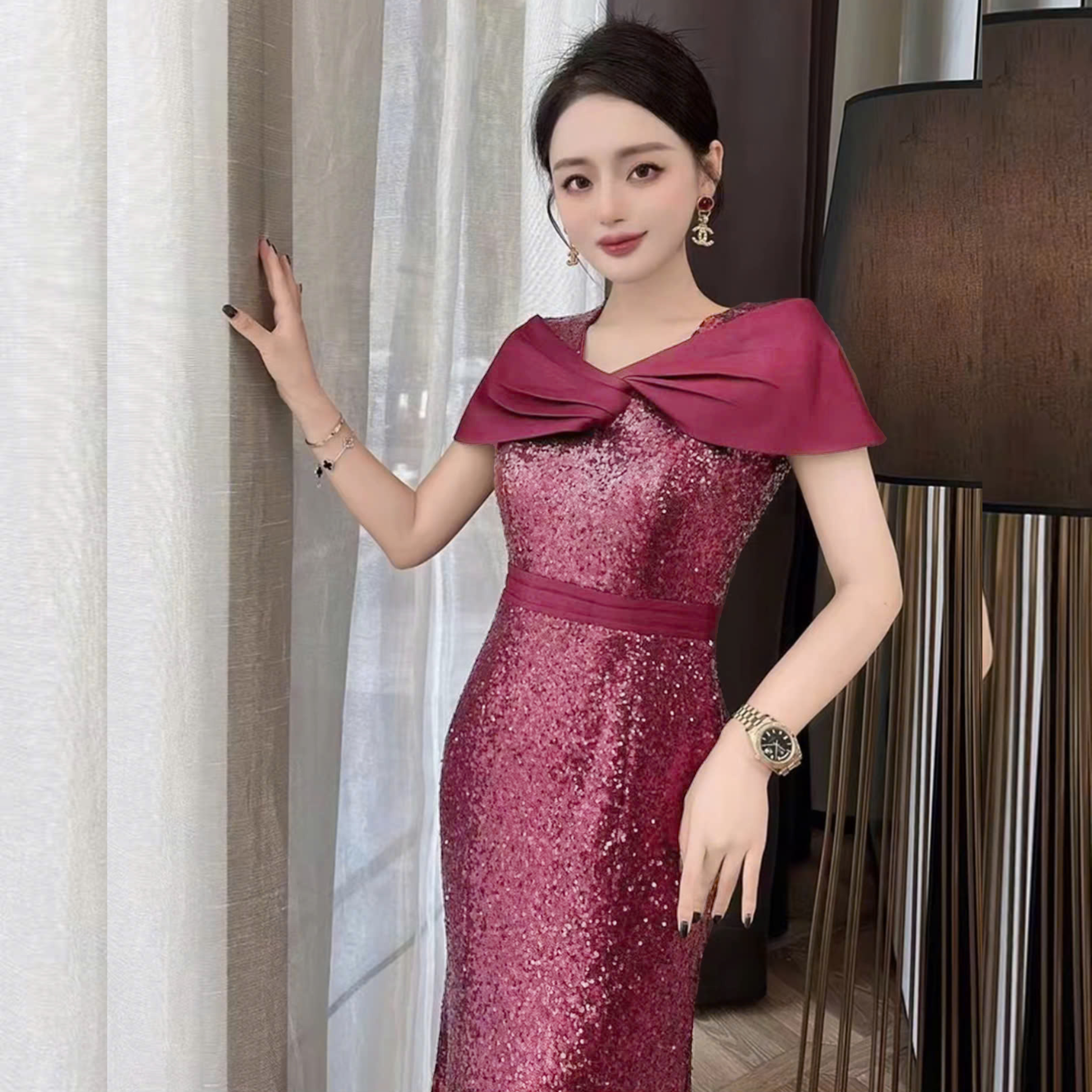 Đầm dự tiệc dạ hội kim sa phối nơ cách điệu_thumbnail_3