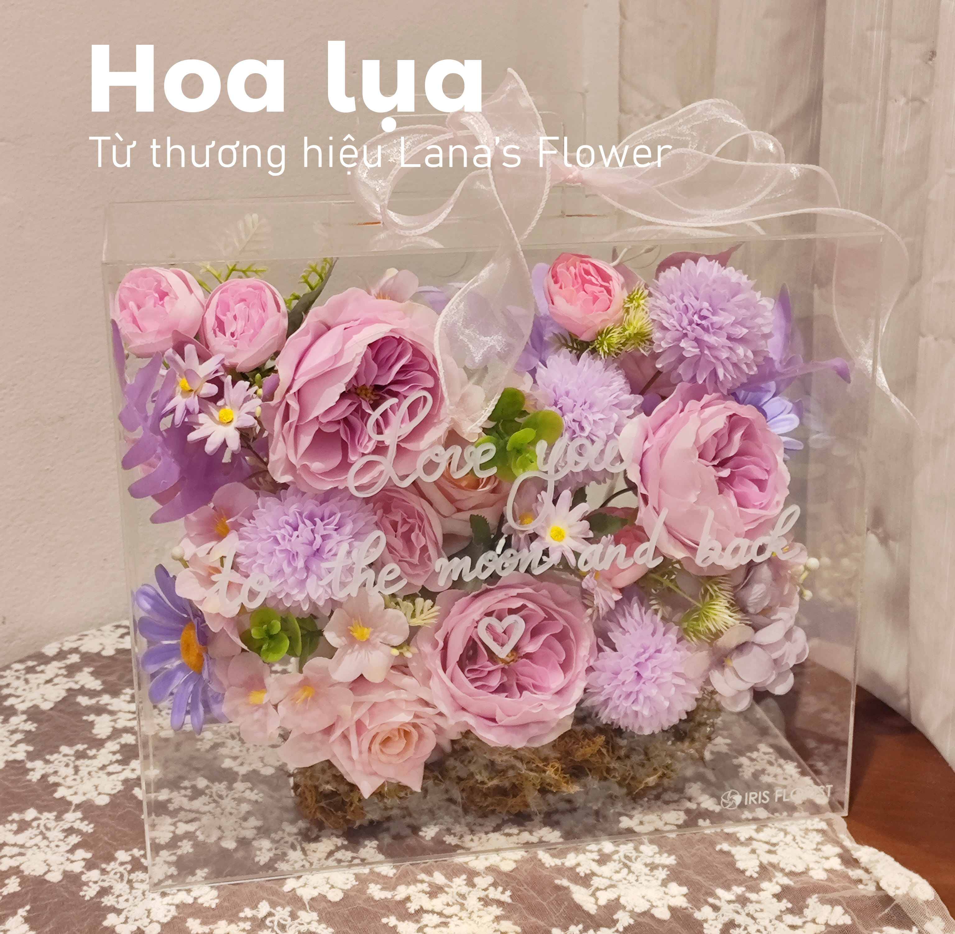 Hộp hoa lụa mica - tone tím hồng (30x35cm)