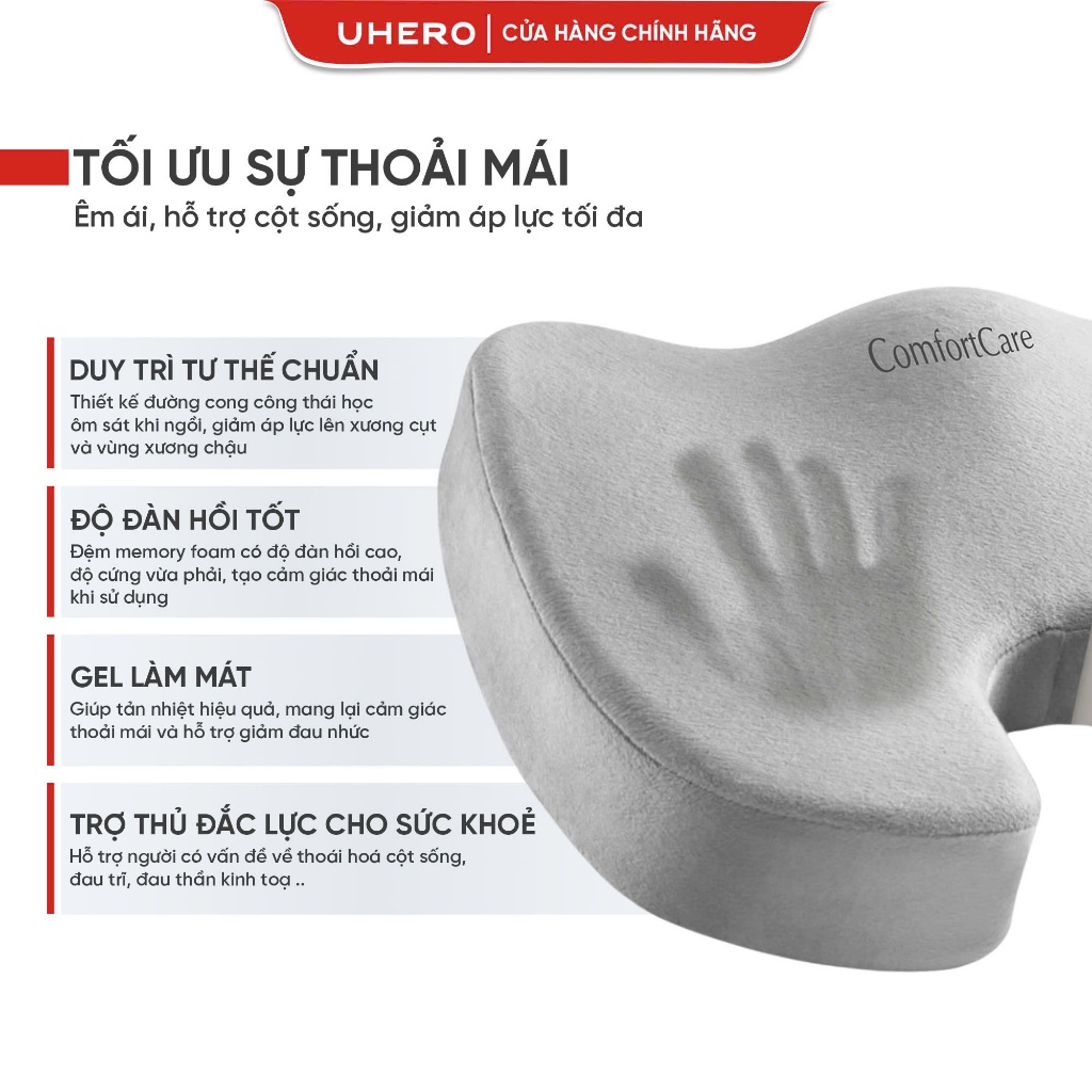 Đệm ngồi công thái học Uhero ComfortCare mút hoạt tính, có gel làm mát, giảm áp lực vùng hông, hỗ trợ đau xương cụt, trĩ