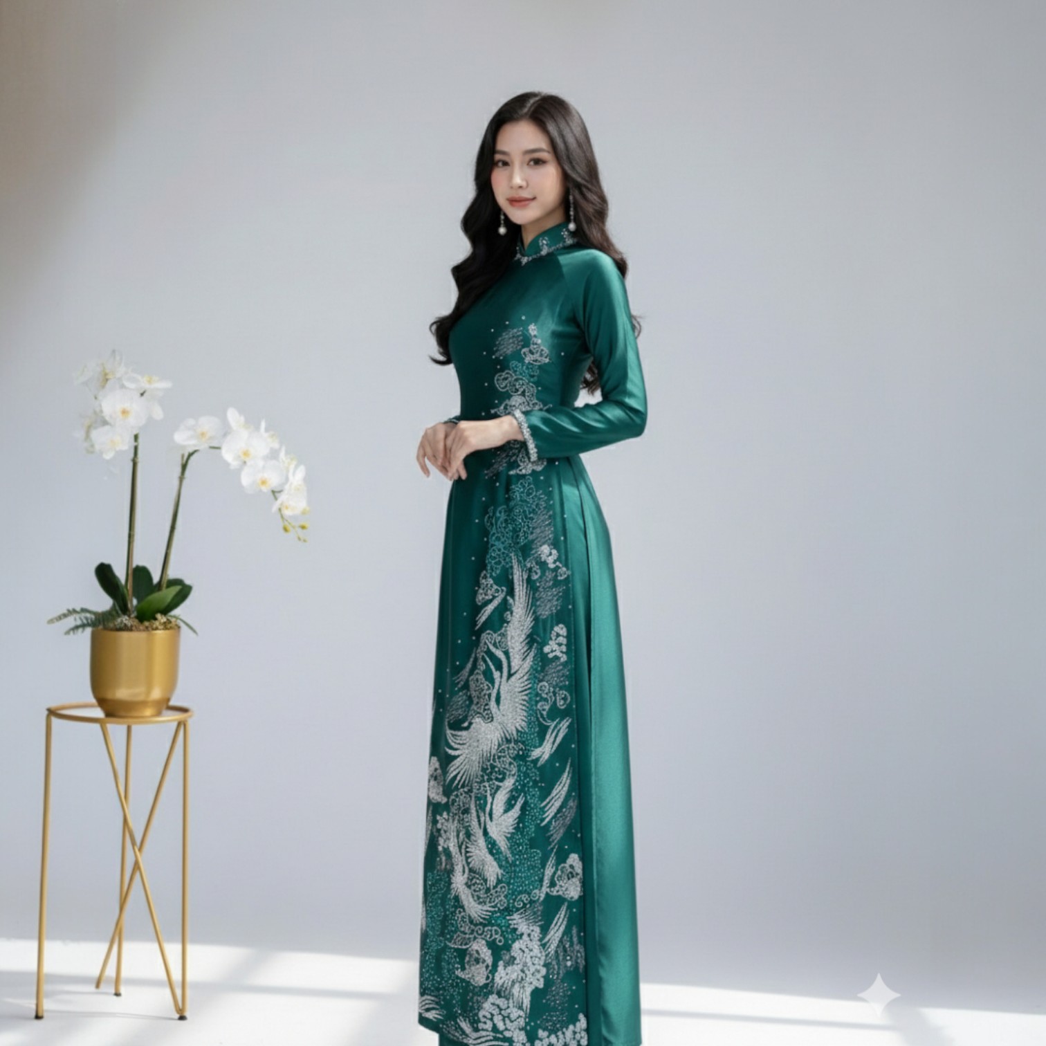 Áo Dài Mẹ Thêu Kết Phượng Vũ - Cao quý, sang trọng, quyền uy - Vải Ruby Xanh Rêu AM25-03