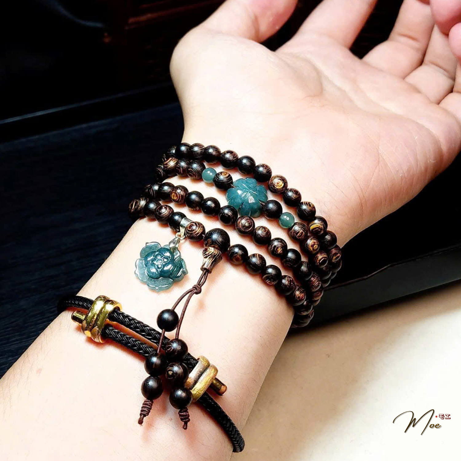 PT213 - Chuỗi vòng trầm sánh mix cỏ 4 lá & hoa sen lam ngọc_thumbnail_1