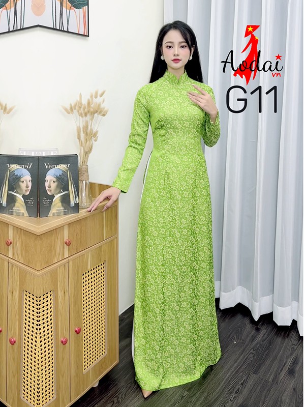 Áo dài Gấm G11 màu xanh cốm cổ cao 3cm tay dài